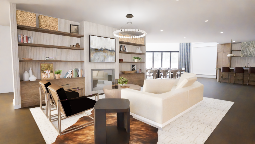 Rendering depicting a spacious living room , with various furniture, centered fireplace
and shelving on both sides.