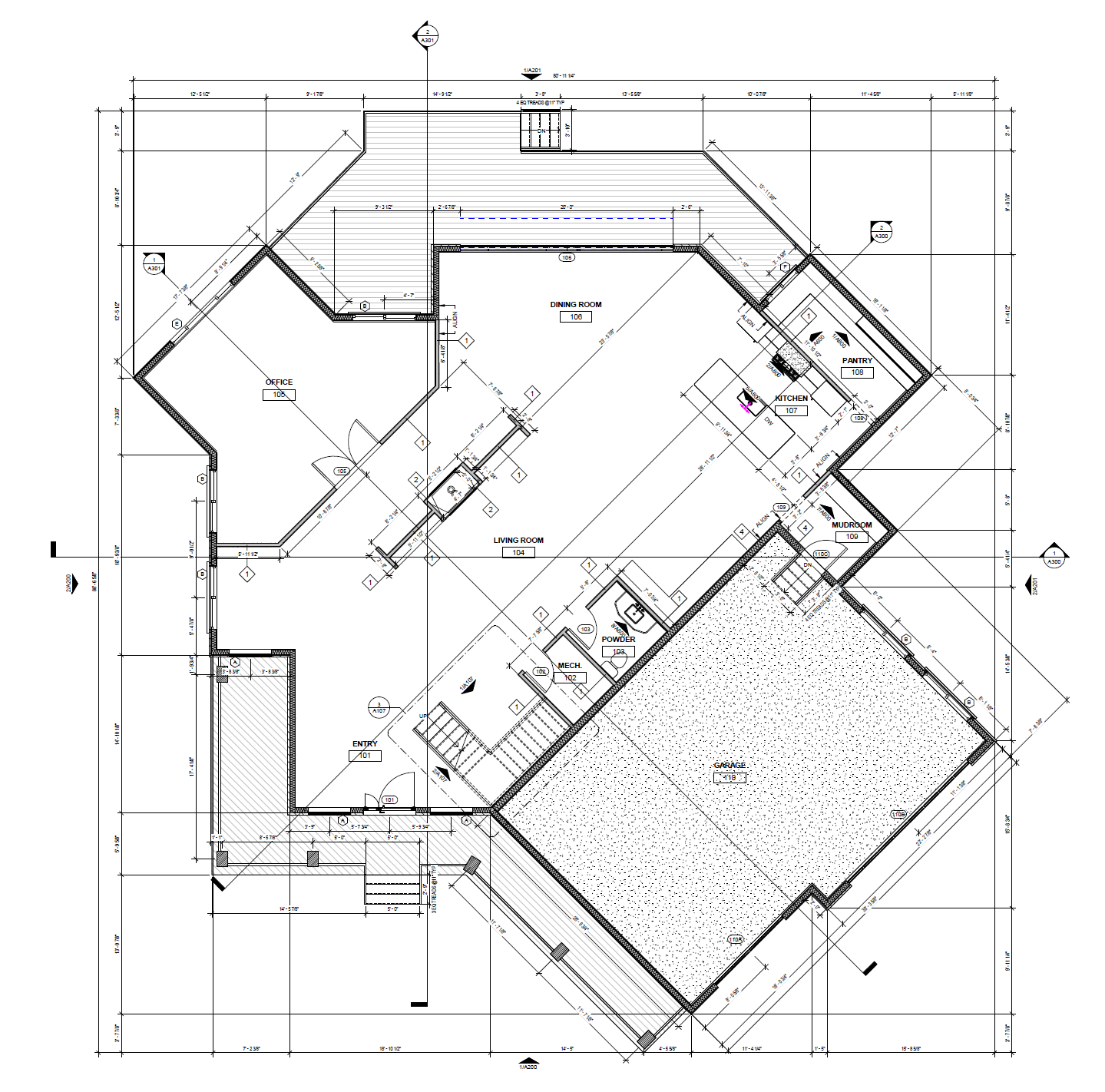 Floorplan of the main level of a modern shaped home, inclusive of a large entry, living
room, kitchen & pantry, and dining space.