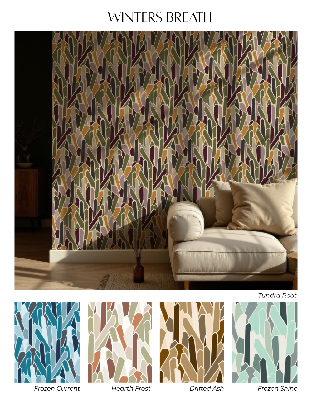 Wallpaper design inspired by the hoarfrost crystals in Alaska, consisting of sharp overlapping crystal shapes in various colorways