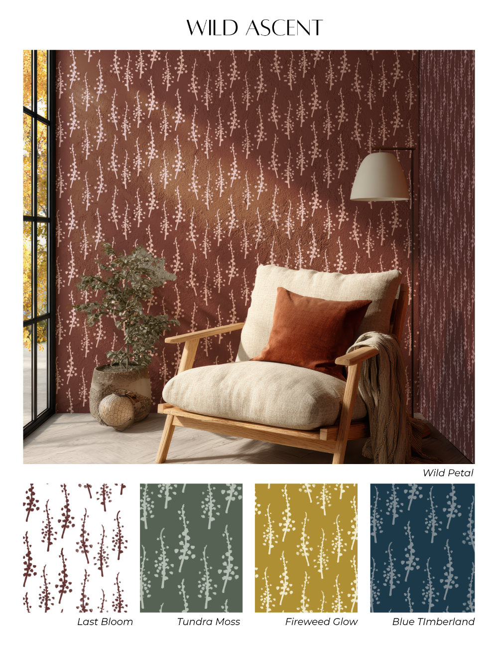 Wallpaper design depicting a repeating sketch of the infamous lateral flower Fireweed in various colorways