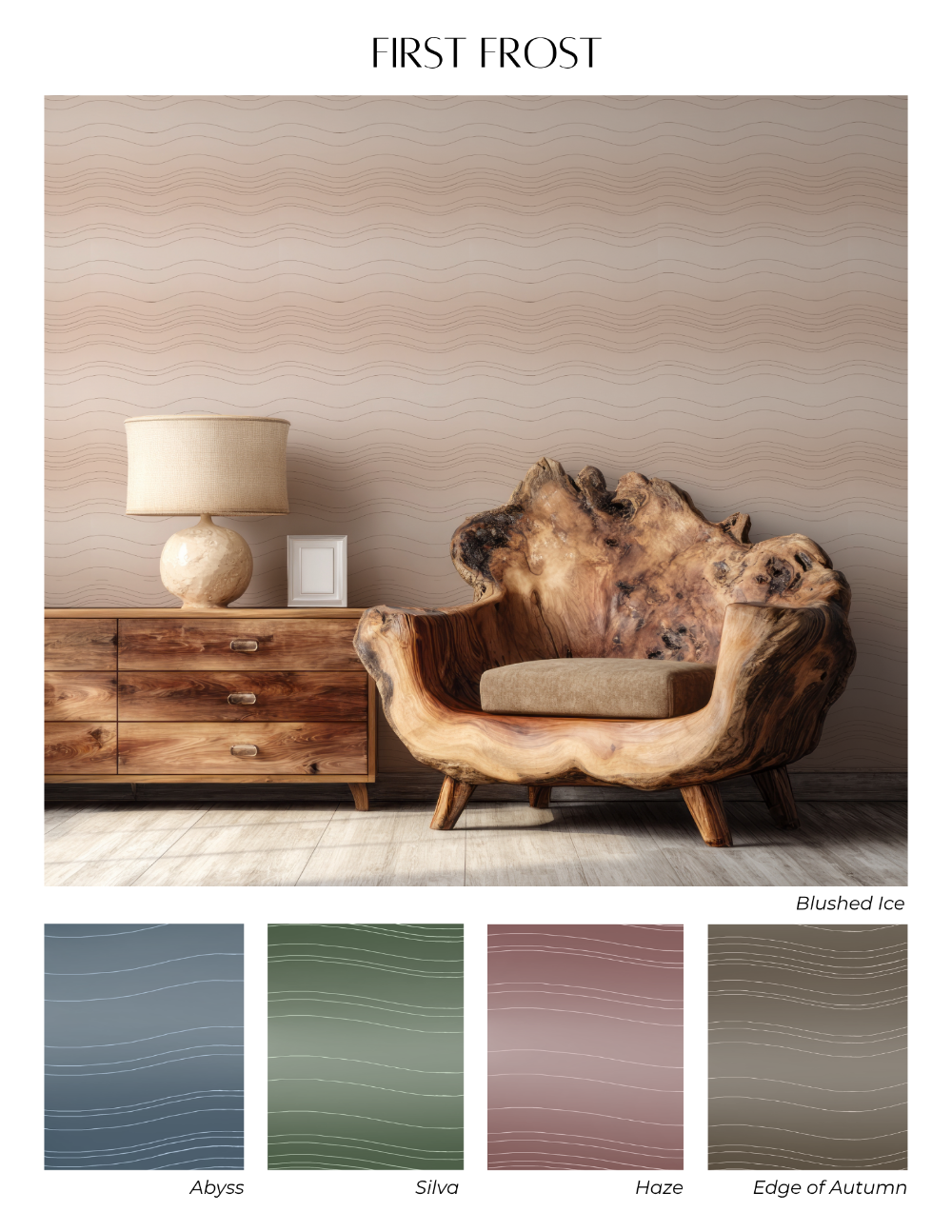 Wallpaper design inspired by the changing of seasons in Alaska, consisting of gentle waved horizontal lines across a delicate gradient in multiple calm colorways.