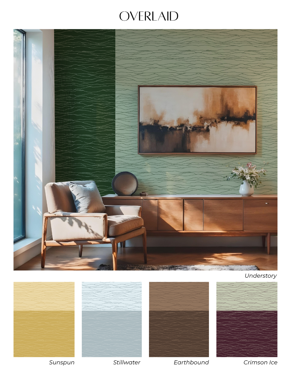Wallpaper design depicting the upclose pattern and movement of glaciers with wavy
overlapping lines in various colorways
