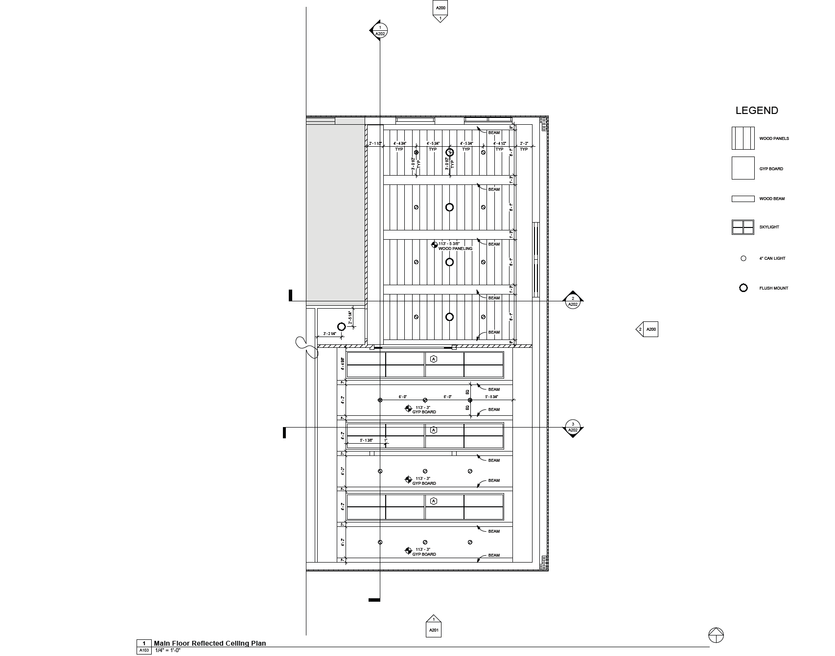 Reflected ceiling plan of the main floor showing wood paneling, beams, skylights, and
lighting layout, with a legend identifying materials and fixture types.