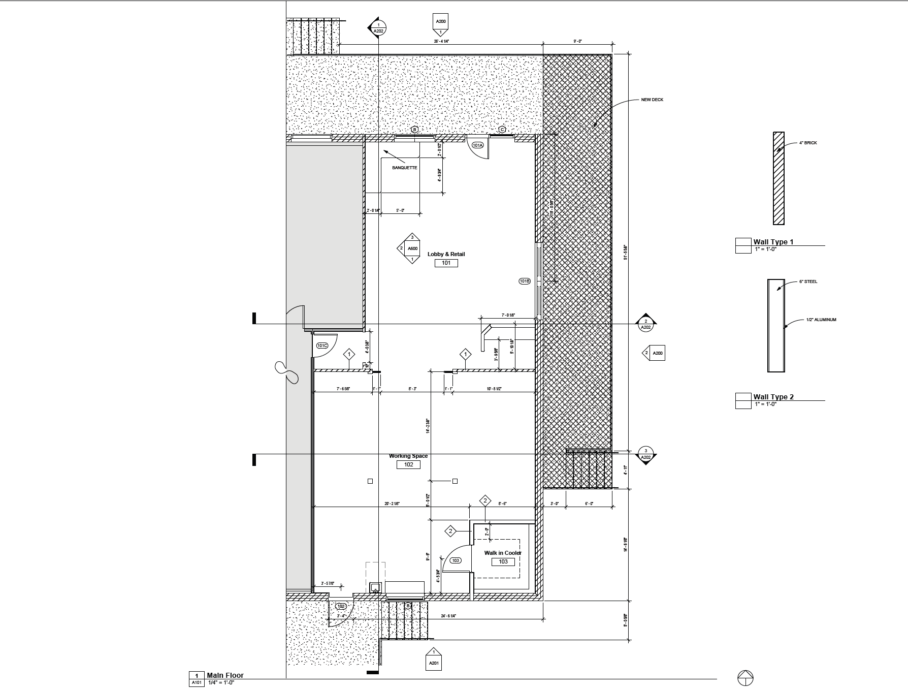Architectural floor plan of a one-level flower shop showing labeled areas including a
lobby with banquette seating, working space, and a walk-in cooler, along with wall type
details and dimensions.