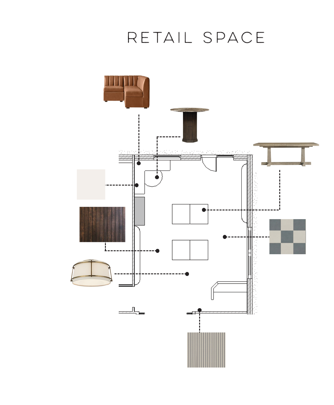 Retail space layout diagram showing a floor plan paired with selected furniture, lighting,
and material finishes connected to their placement within the space.