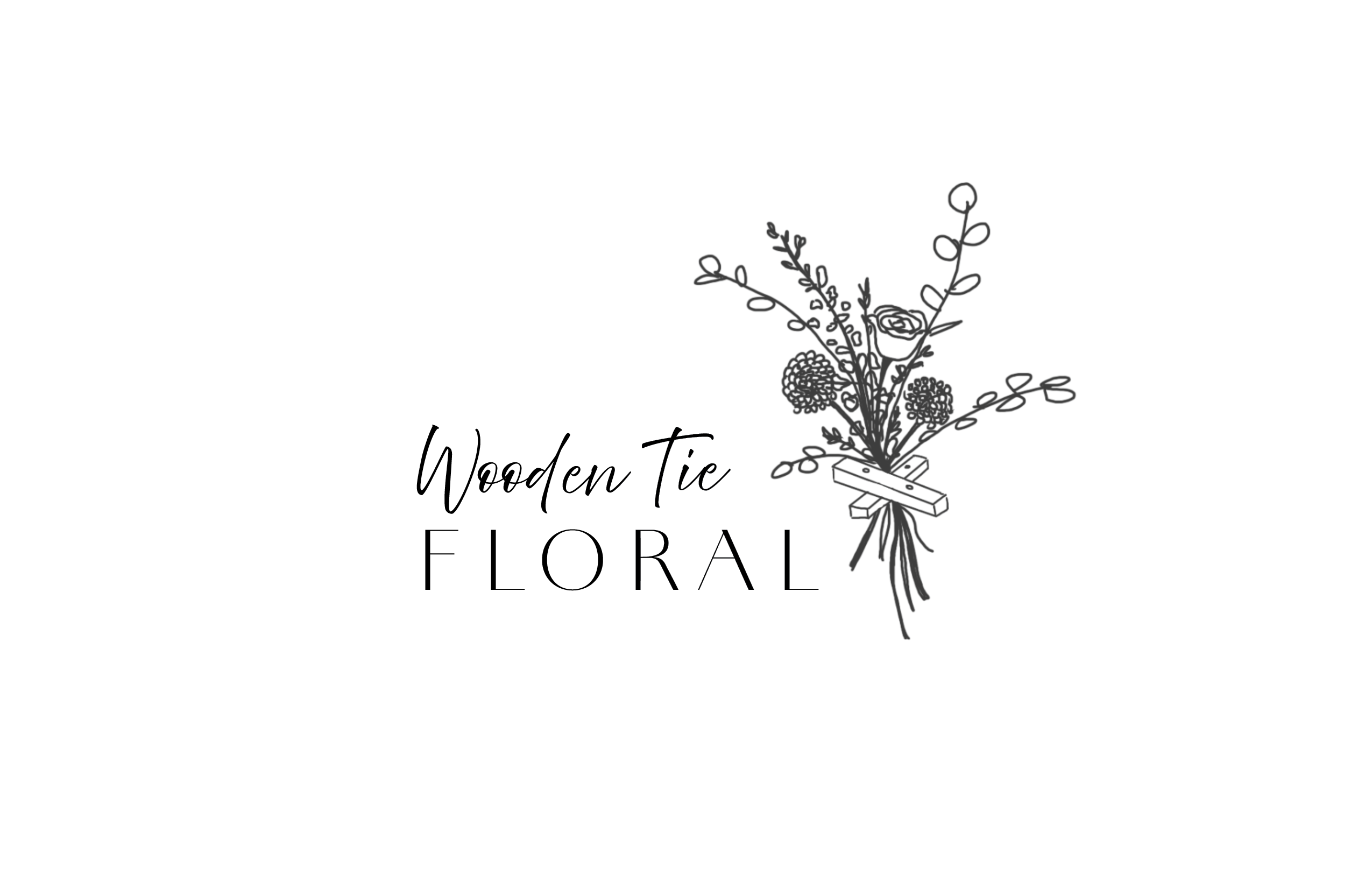 Logo design for Wooden Tie Floral featuring a hand-drawn floral arrangement tied with
wood pieces alongside elegant script and serif typography.