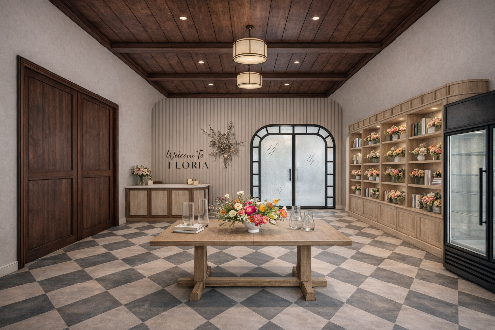 Interior rendering of a floral retail space featuring a central display table, built-in shelving
with flower arrangements, wood ceiling beams, and a checkered tile floor leading to
arched glass doors.