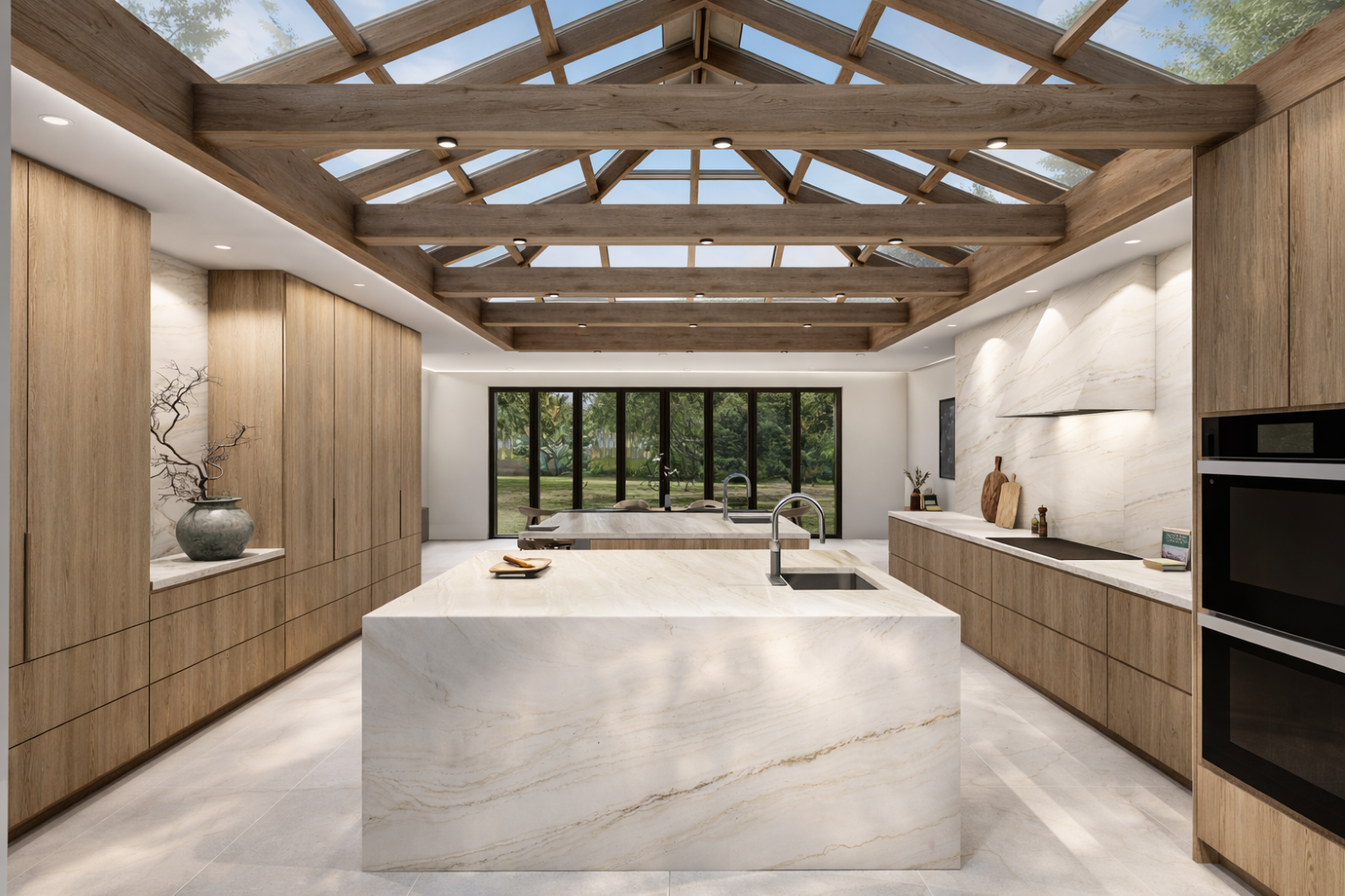 A sleek, modern kitchen with light oak cabinetry and quartzite countertops
with subtle veining. Wooden beams support the ceiling and a large pyramid skylight lets in
natural light.