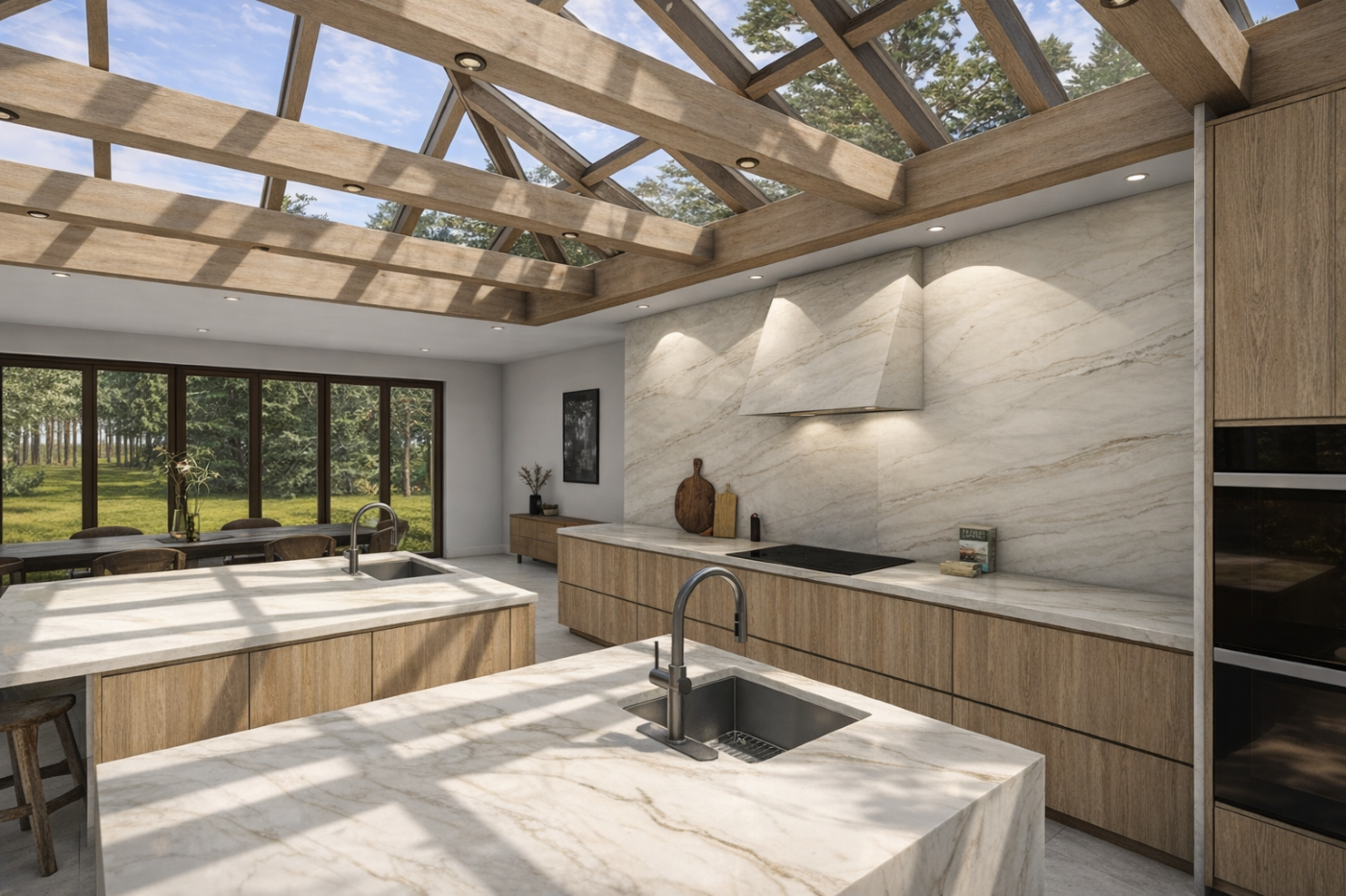 A sleek, modern kitchen with light oak cabinetry and quartzite countertops with subtle
veining. Wooden beams support the ceiling and a large pyramid skylight lets in natural
light. The shot includes the main countertop with a cooktop and custom quartzite hood.