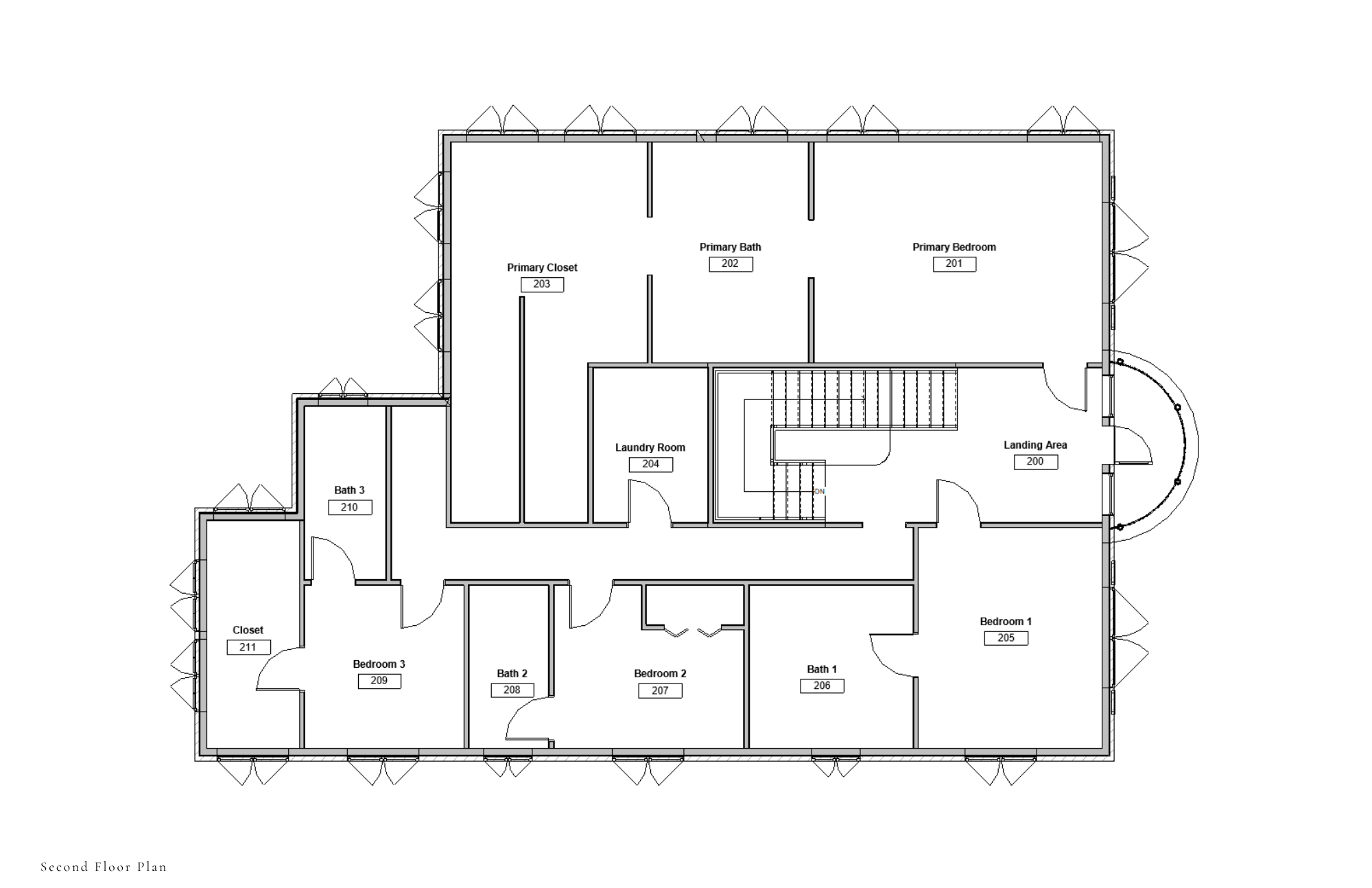 Second floor plan of traditional colonial home layout.