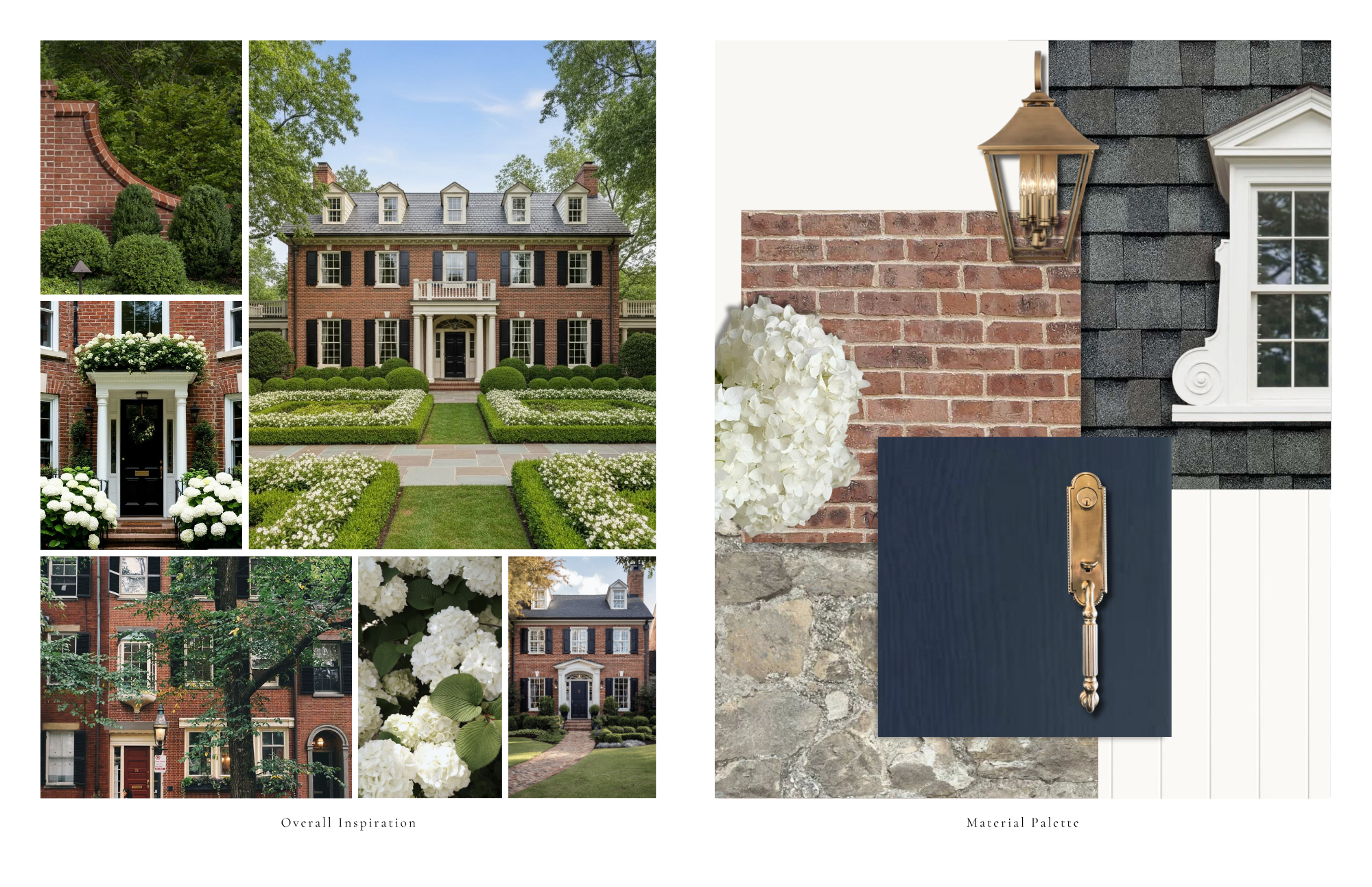 Inspiration board of traditional brick colonial homes and landscaping.
