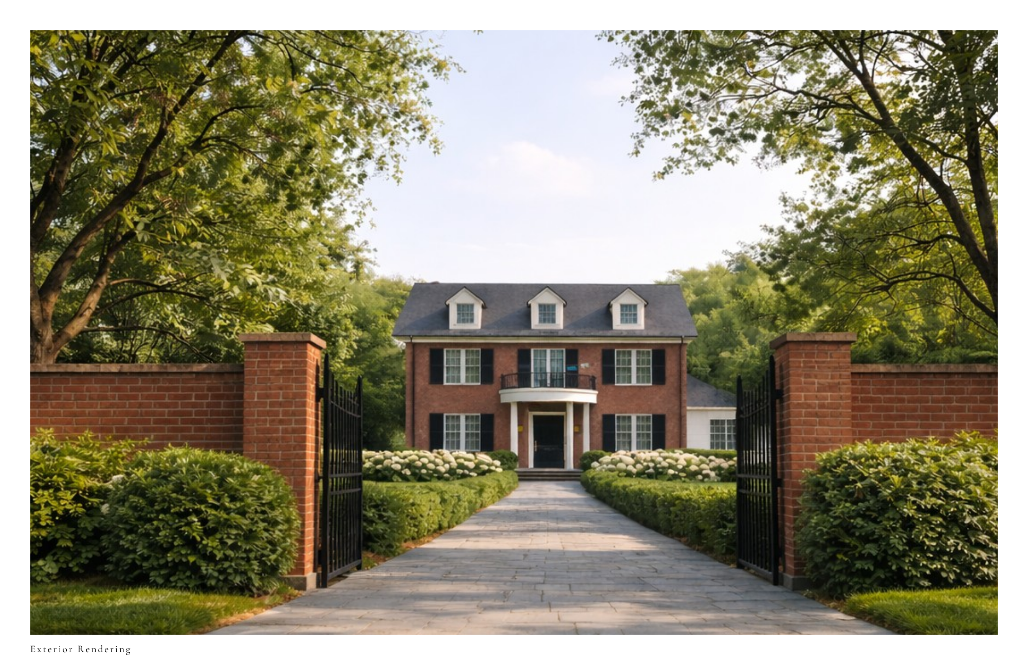 Exterior rendering of traditional brick colonial home with gated entry.