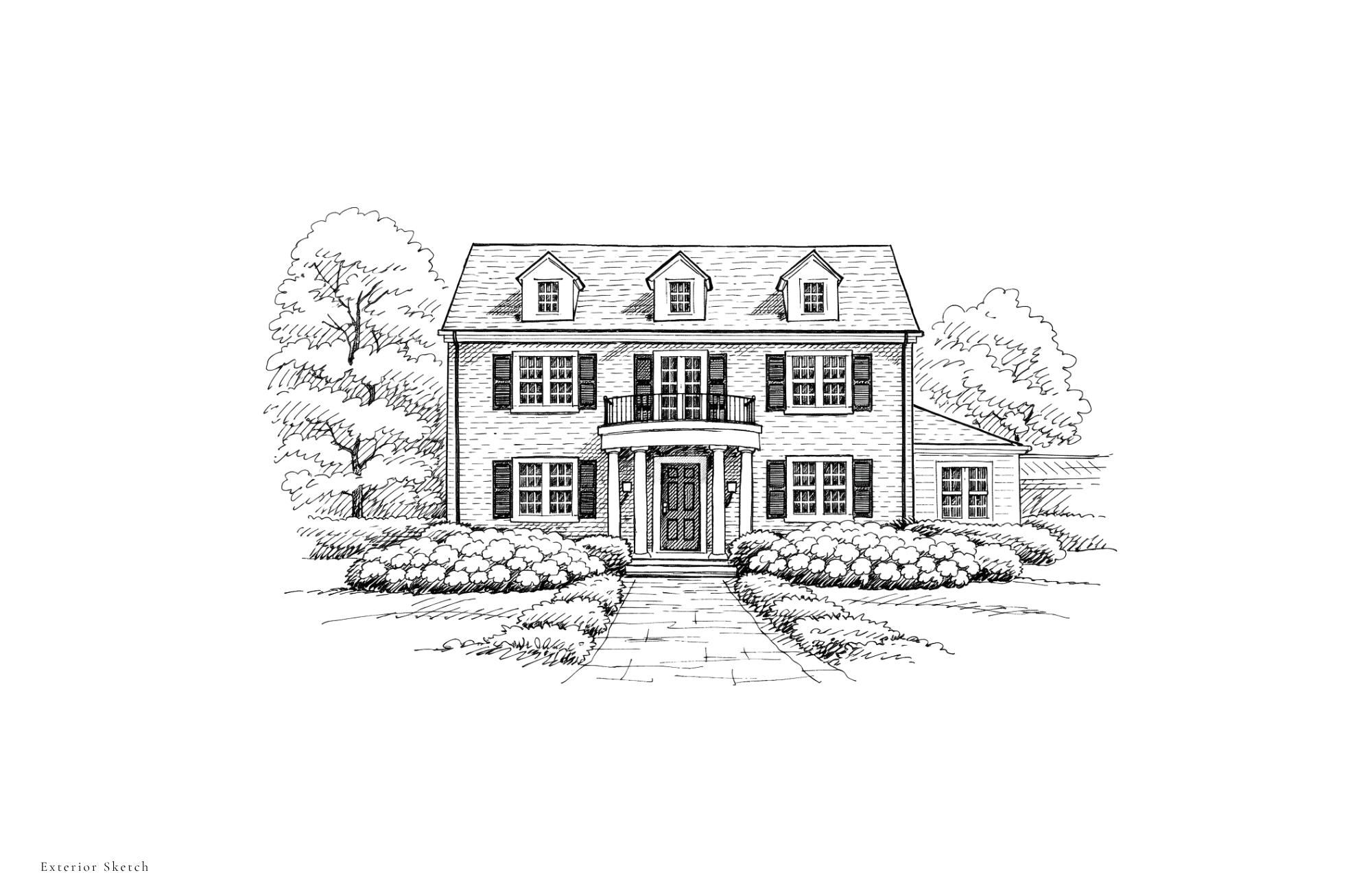 Hand-drawn elevation of symmetrical colonial house with dormers.