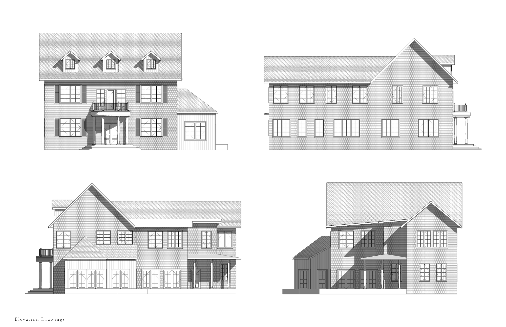 Exterior elevation drawings of traditional colonial home.