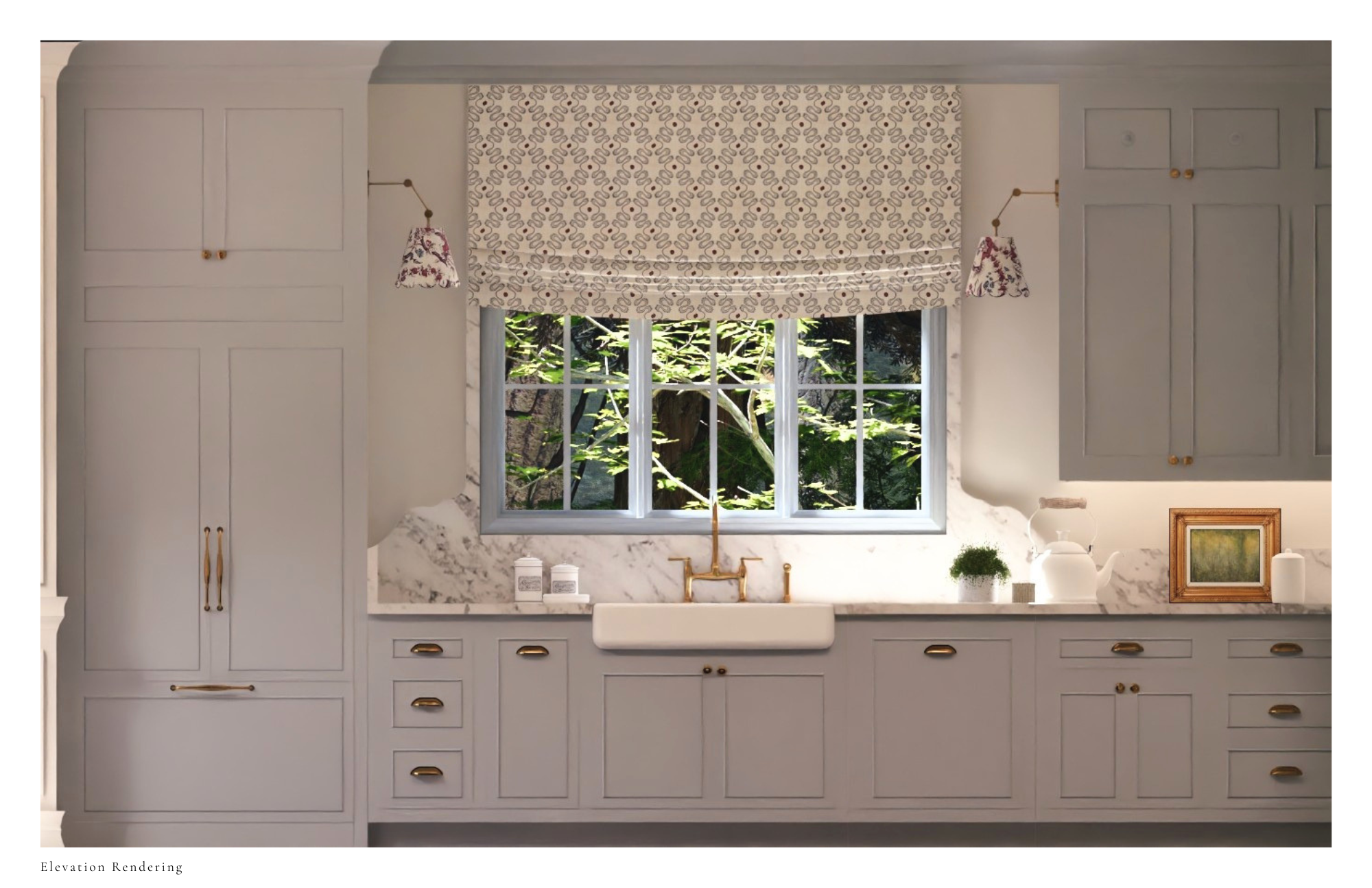 Kitchen detail with window, Roman shade, and brass faucet