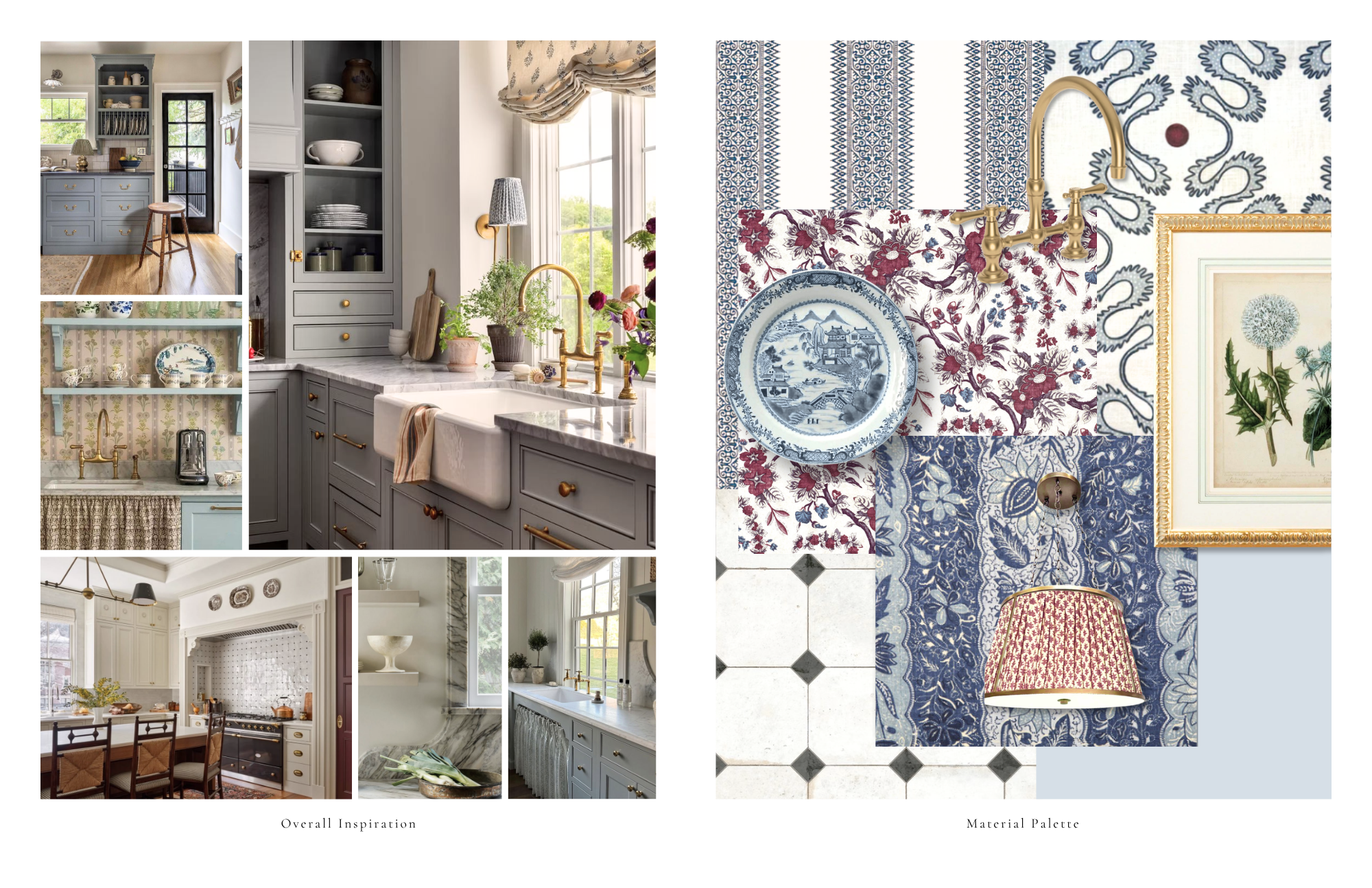 Kitchen inspiration and material board with traditional details.