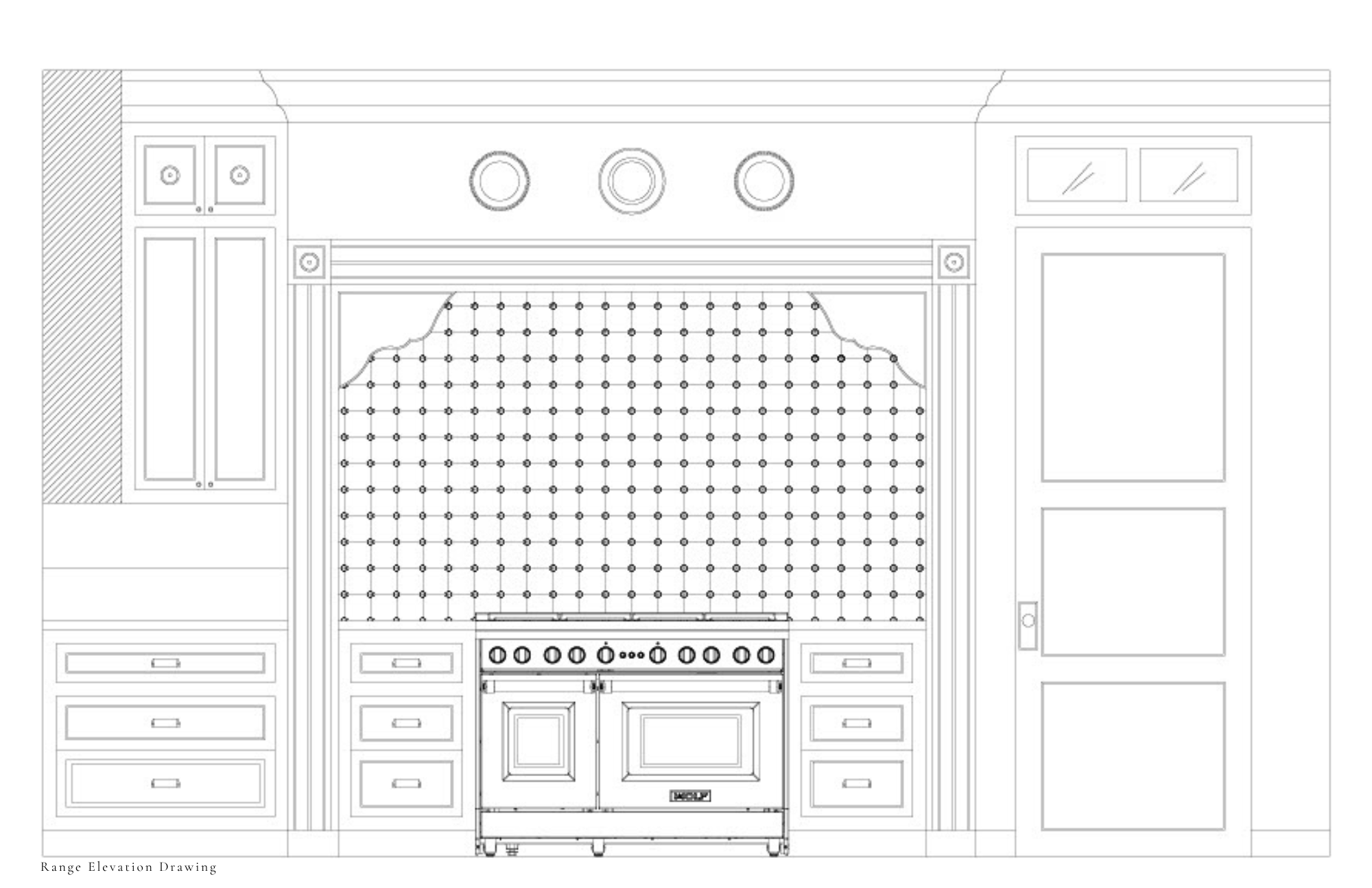 Kitchen range elevation with tiled backsplash and cabinetry.