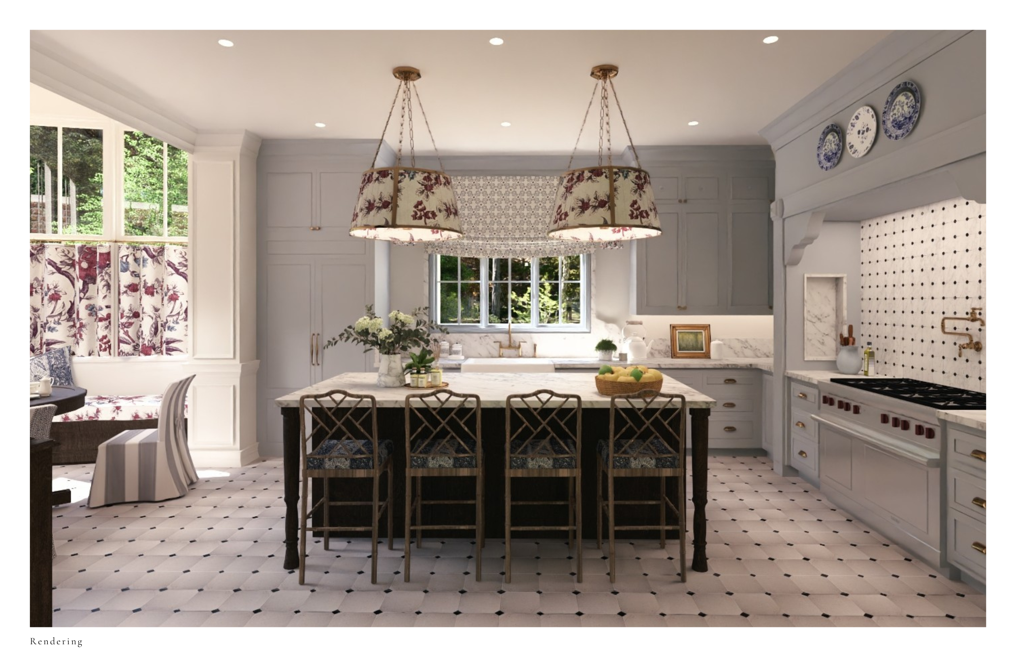 Kitchen range elevation with tiled backsplash and cabinetry.