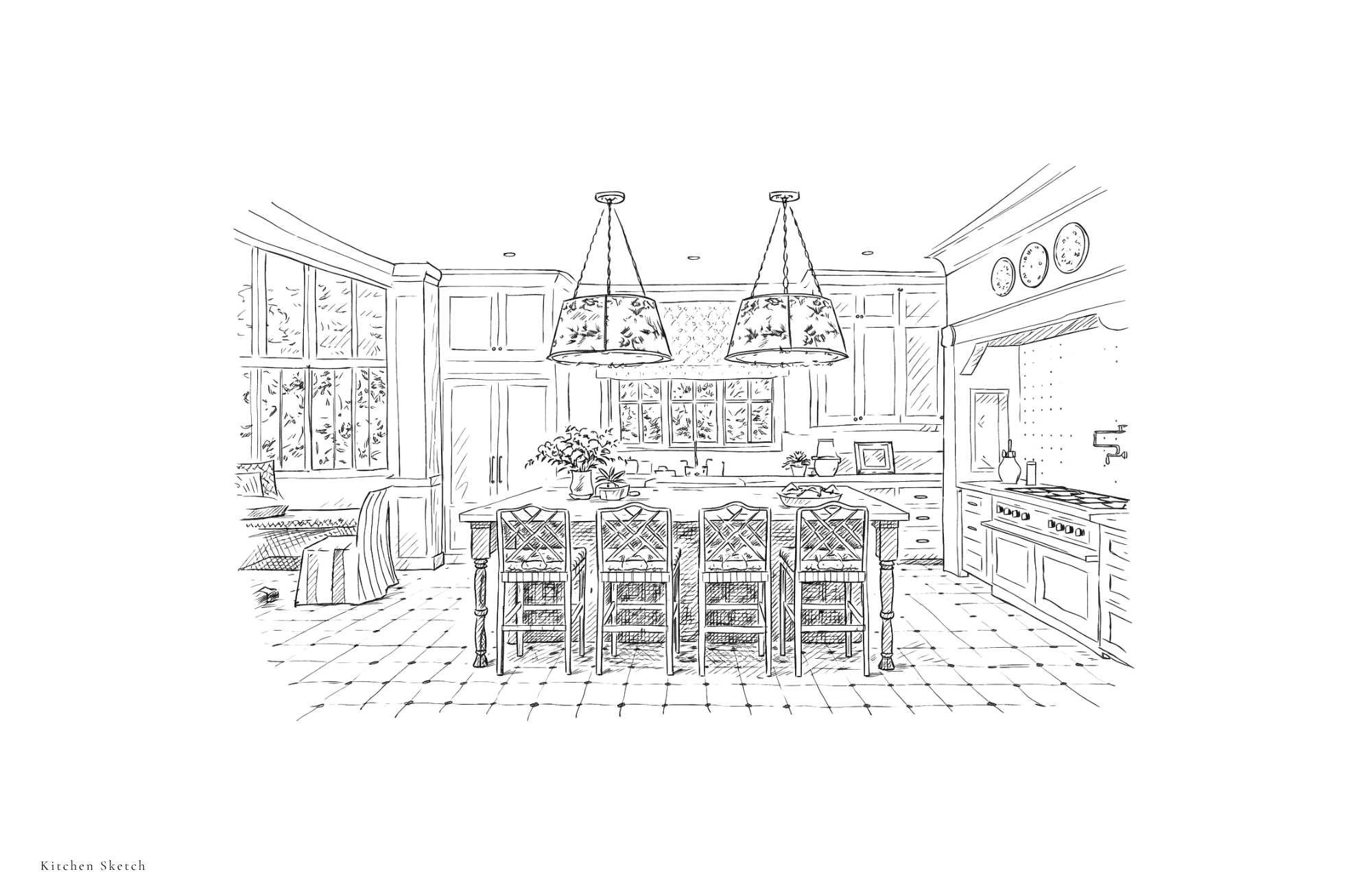 Hand-drawn sketch of traditional kitchen with central island
