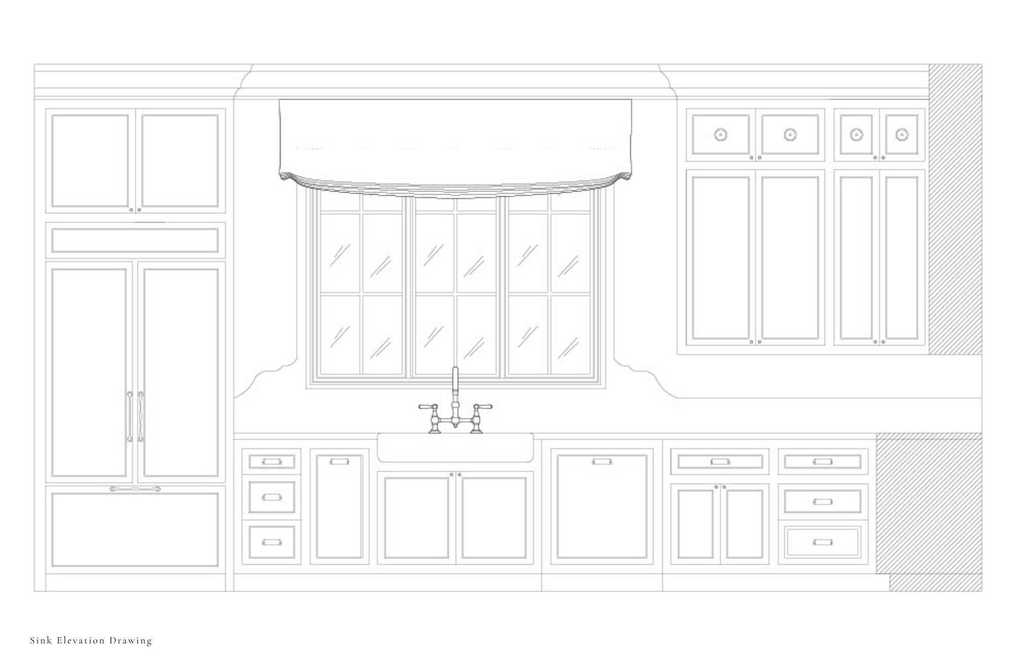 Kitchen sink elevation with cabinetry and window.