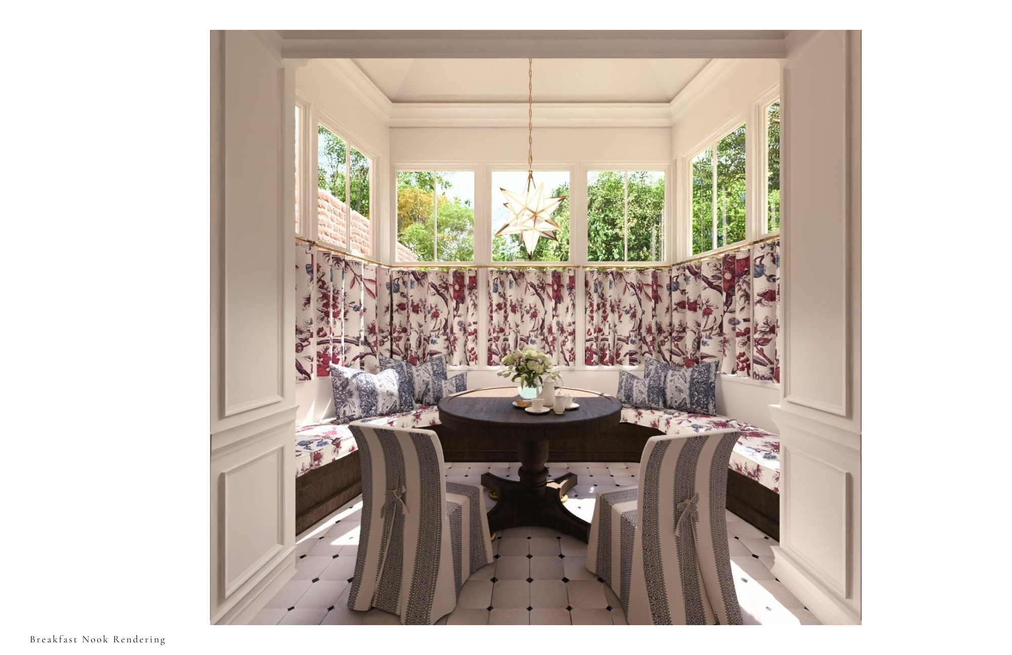 Kitchen rendering with central island and patterned details.