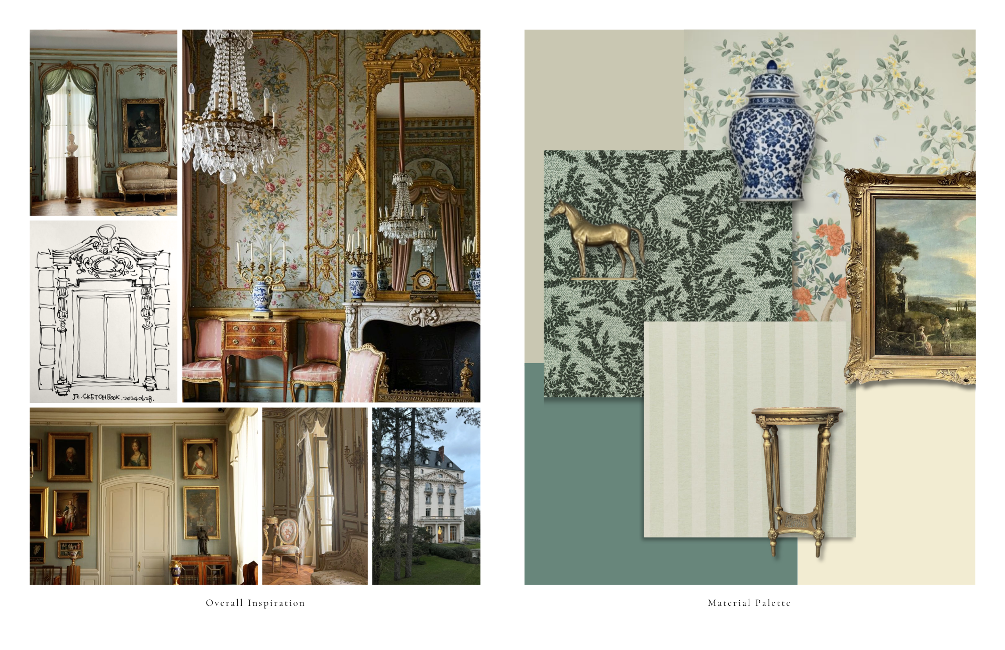French neoclassical inspiration and material palette with layered patterns and antiques