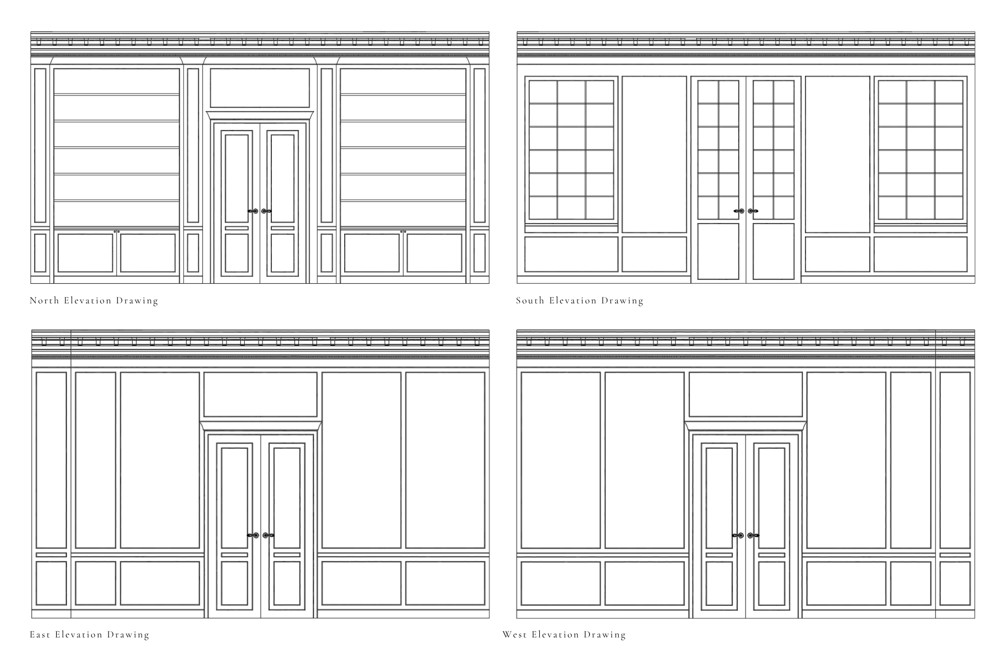 Interior elevation drawings showing paneled walls, doors, and millwork detailing