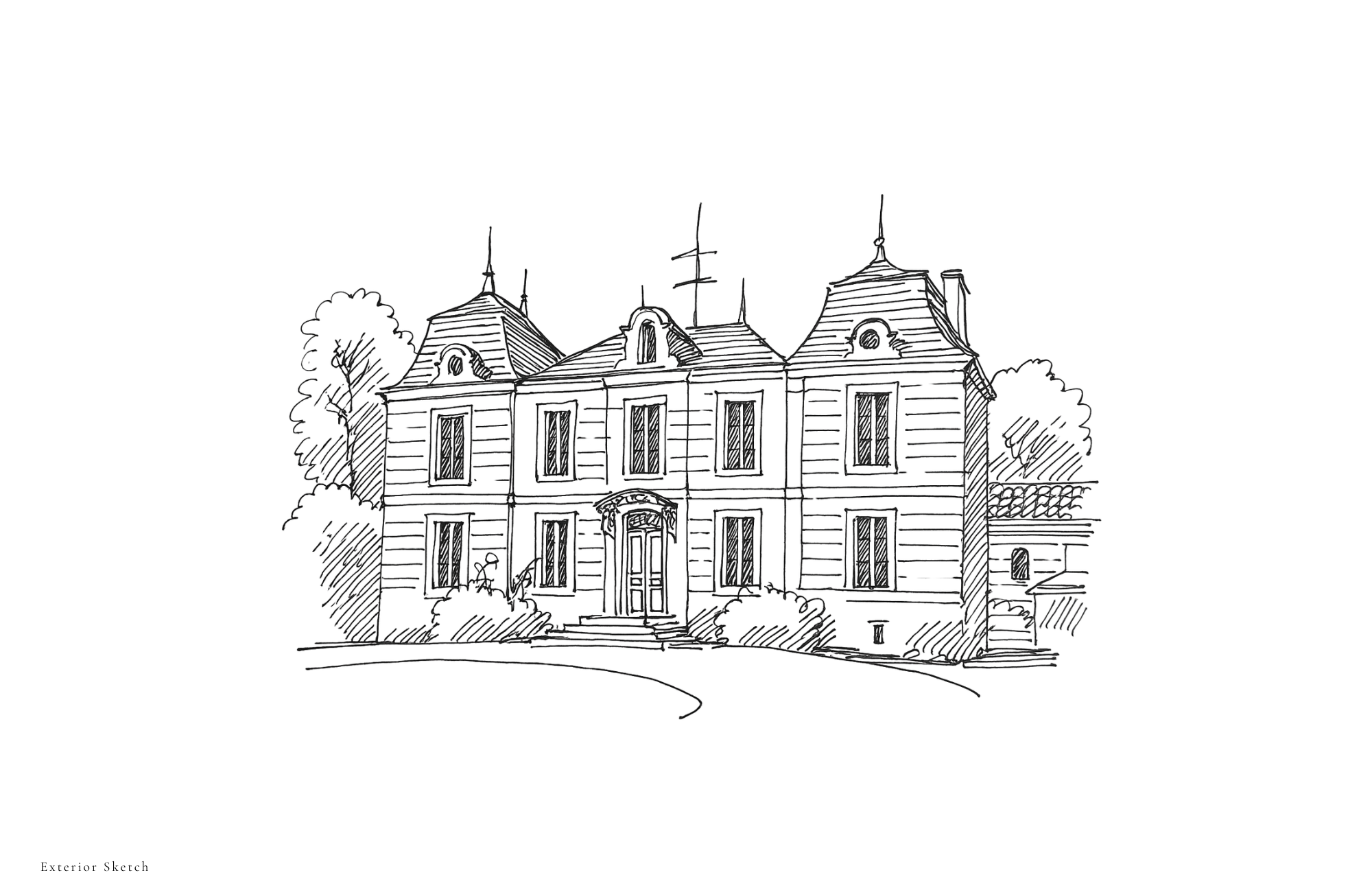 Hand-drawn exterior sketch of traditional French-style residence