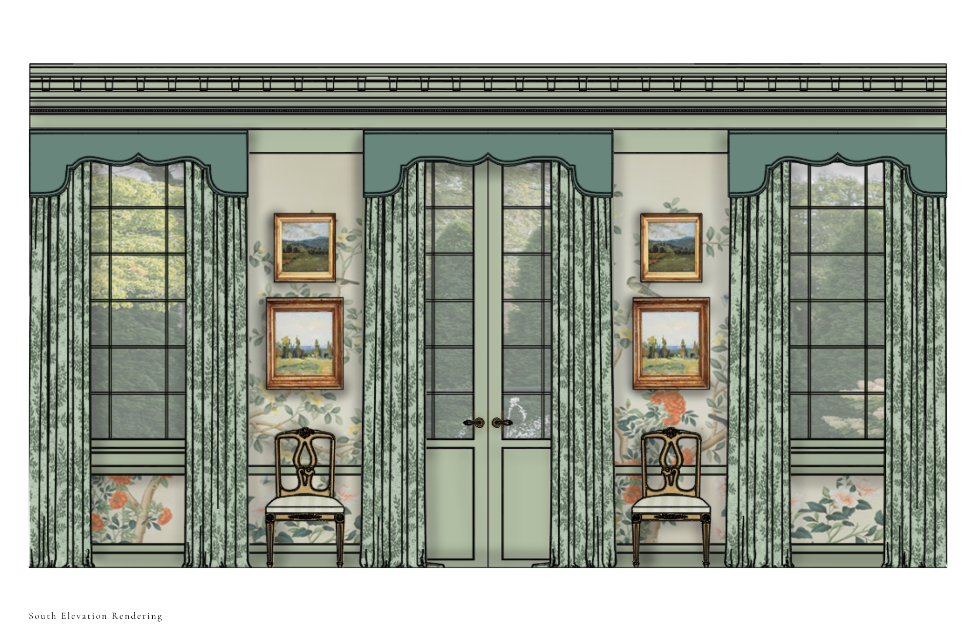 South elevation rendering with drapery, paneled doors, and symmetrical window composition