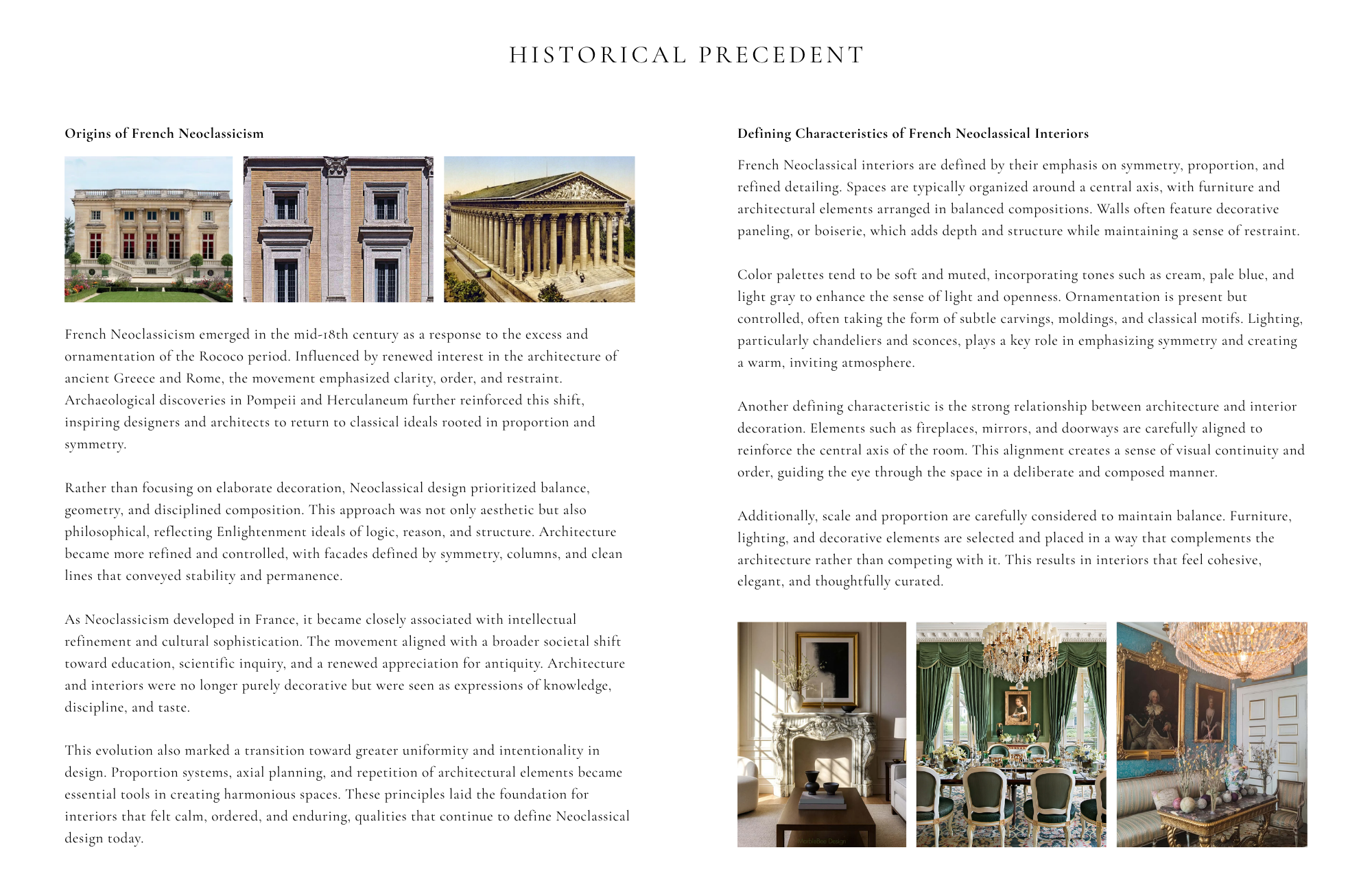Historical precedent board outlining origins and defining characteristics of French Neoclassicism