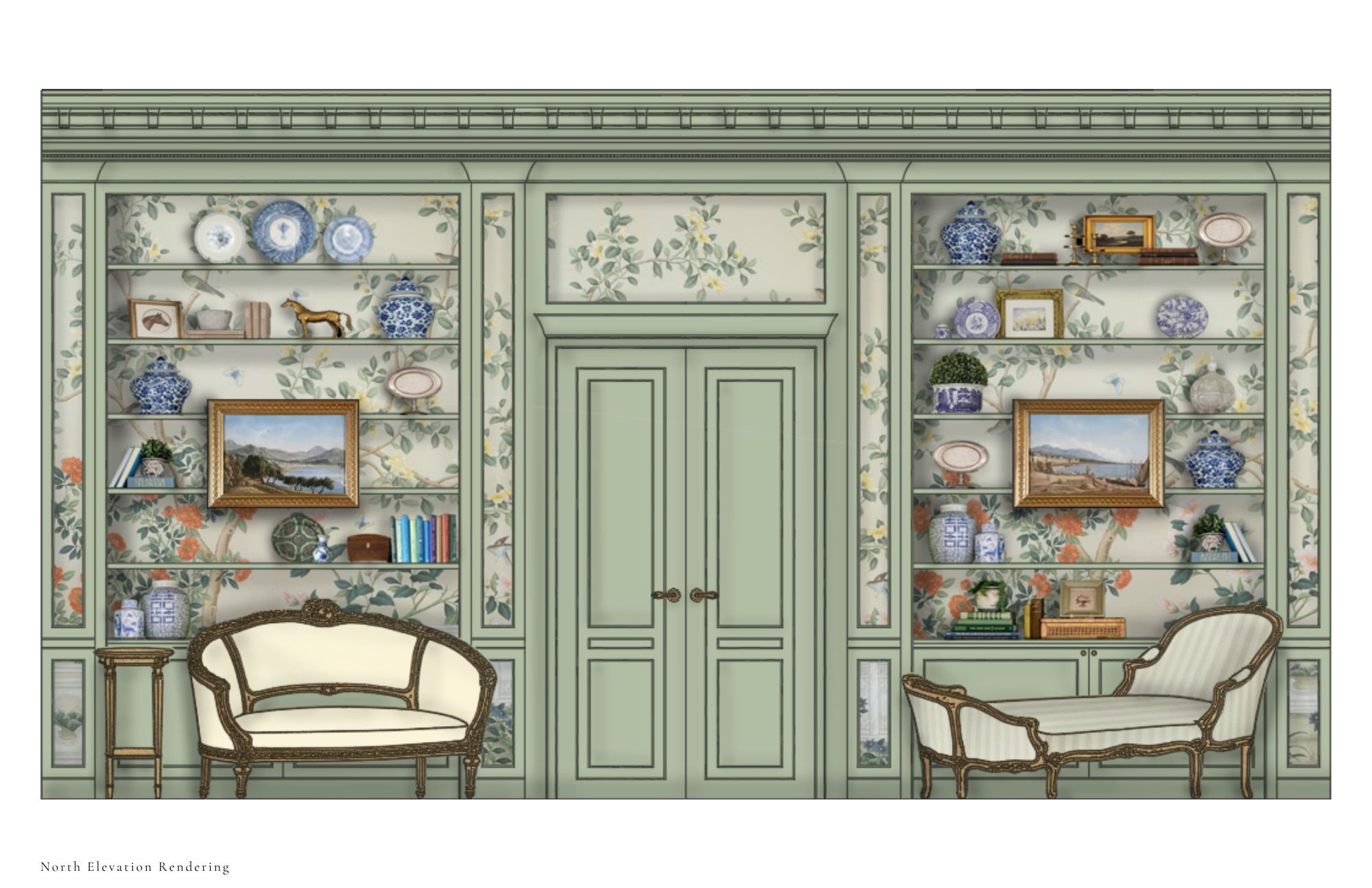 North elevation rendering with built-in shelving, patterned wallcovering, and classical furnishings
