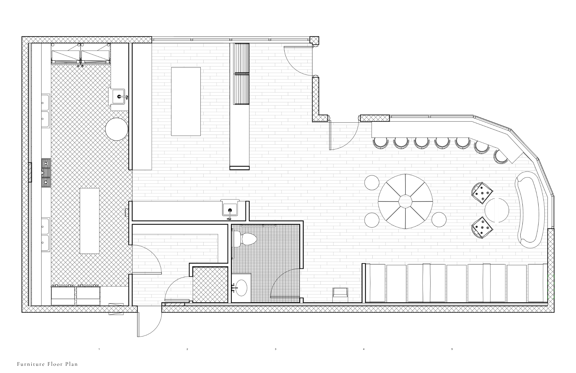 Furniture floor plan showing kitchen, dining, bar, and seating layout
