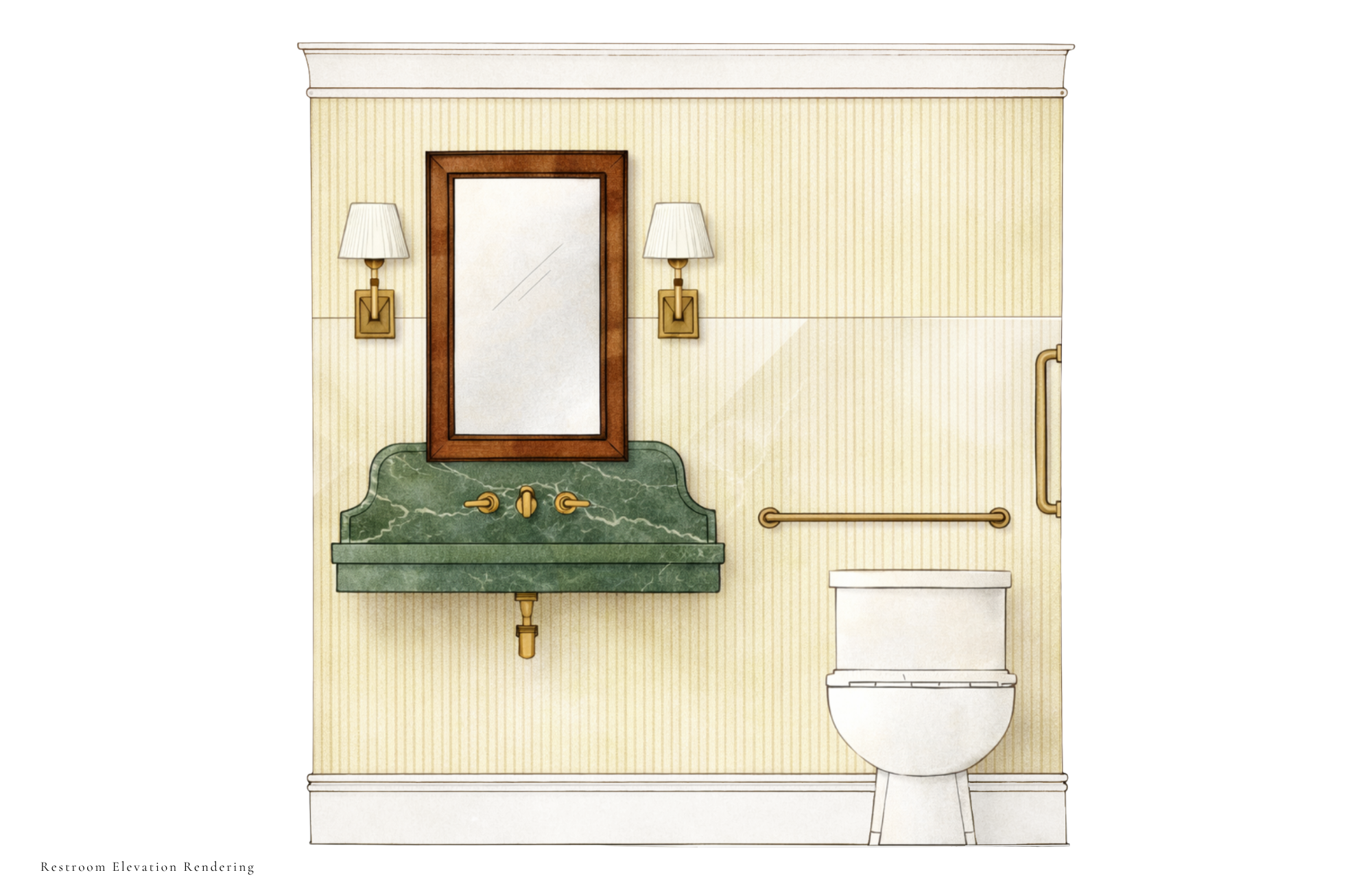 Restroom elevation rendering with wall-mounted sink, mirror, and brass fixtures