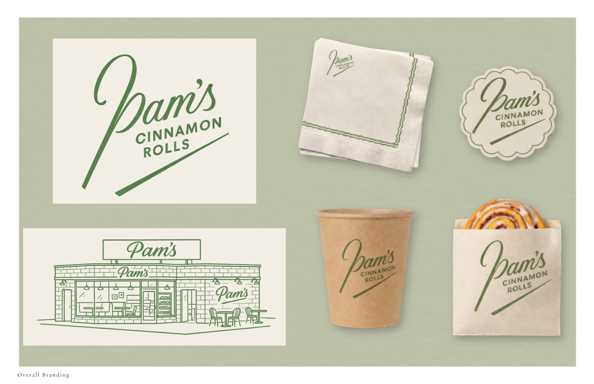 Branding suite for Pam’s Cinnamon Rolls including logo, packaging, and storefront illustration