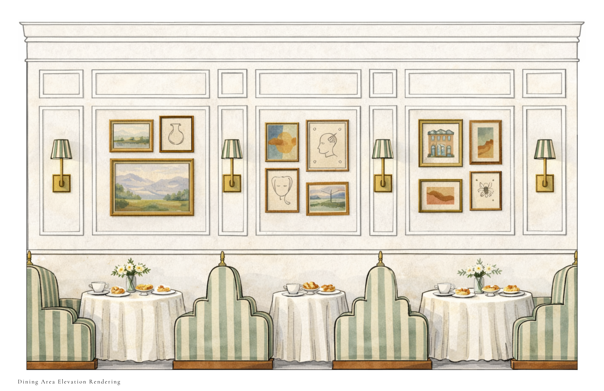 Dining area elevation rendering with banquette seating, gallery wall, and table settings