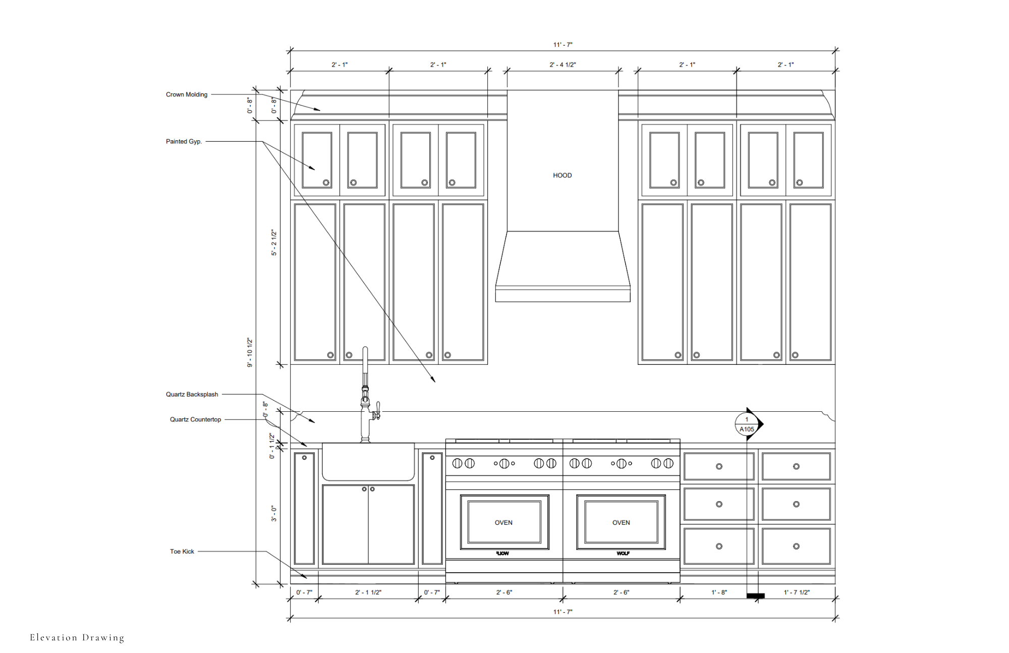 Kitchen elevation drawing with cabinetry, range, and detailed dimensions