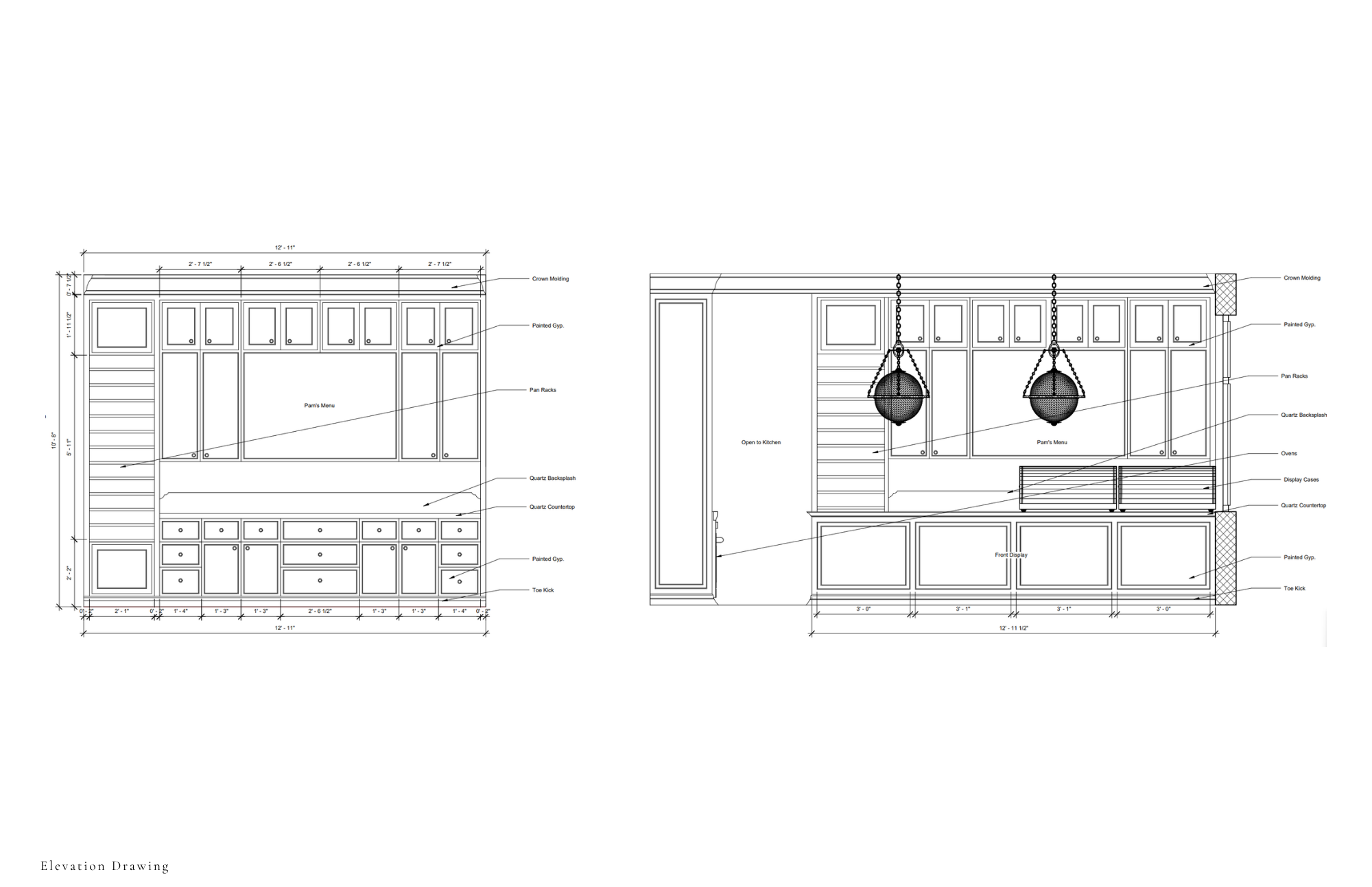 Bakery elevation drawings showing cabinetry, display cases, and front counter layout