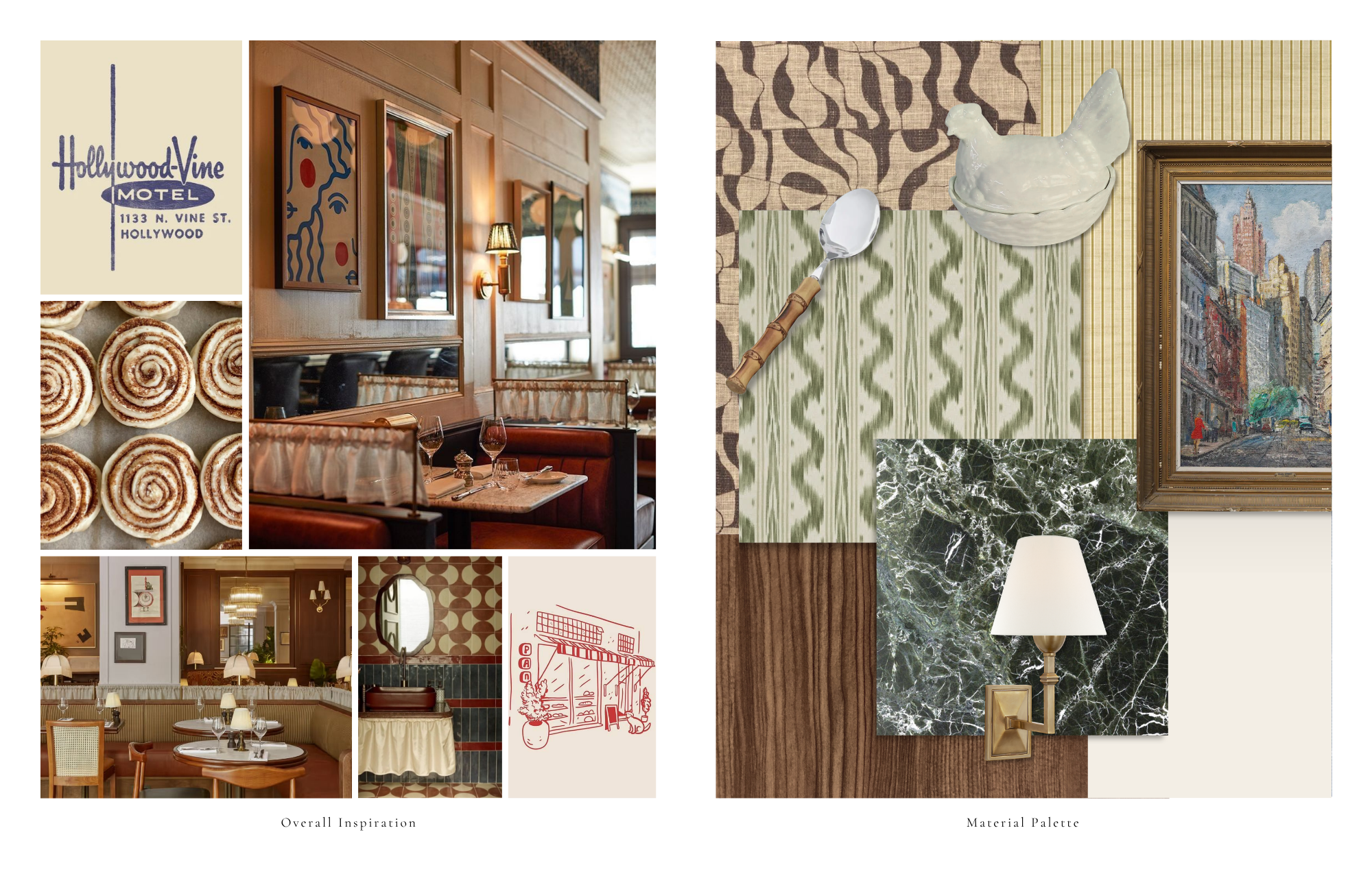 Bakery inspiration and material palette with warm tones, textures, and vintage details