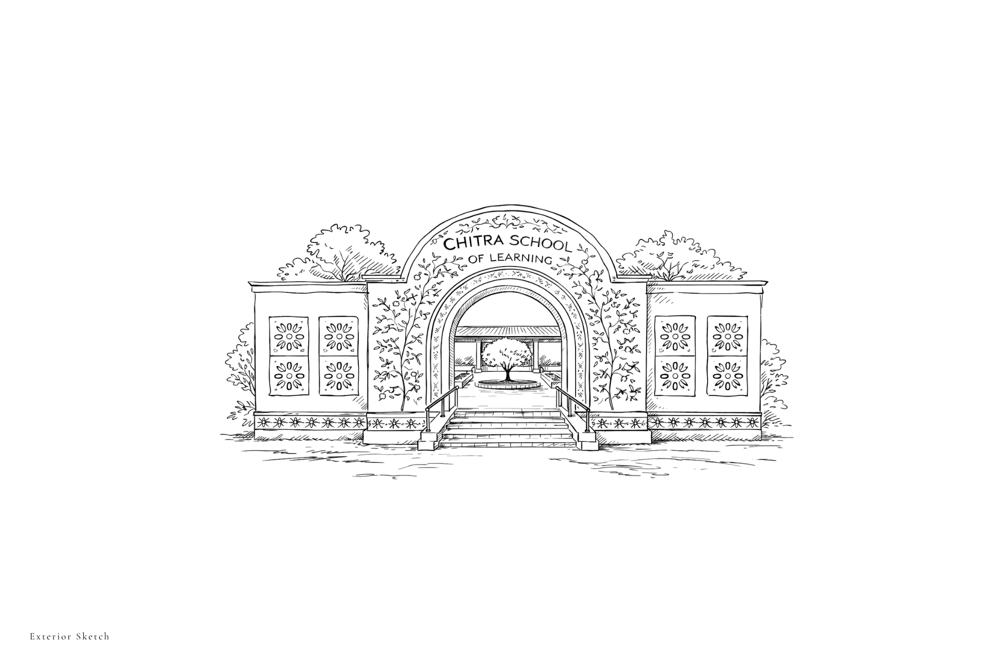 Hand-drawn entrance sketch of Chitra School of Learning with arched gateway and courtyard view