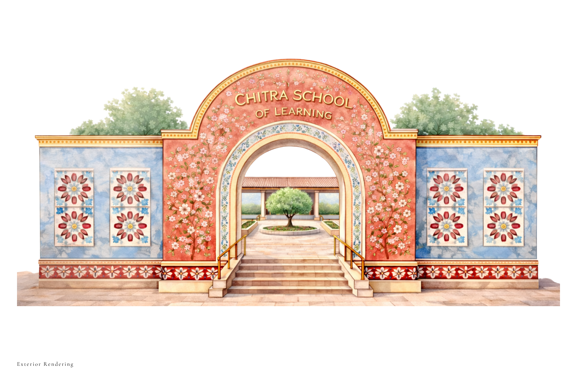 Exterior rendering of Chitra School of Learning with arched entry and courtyard view