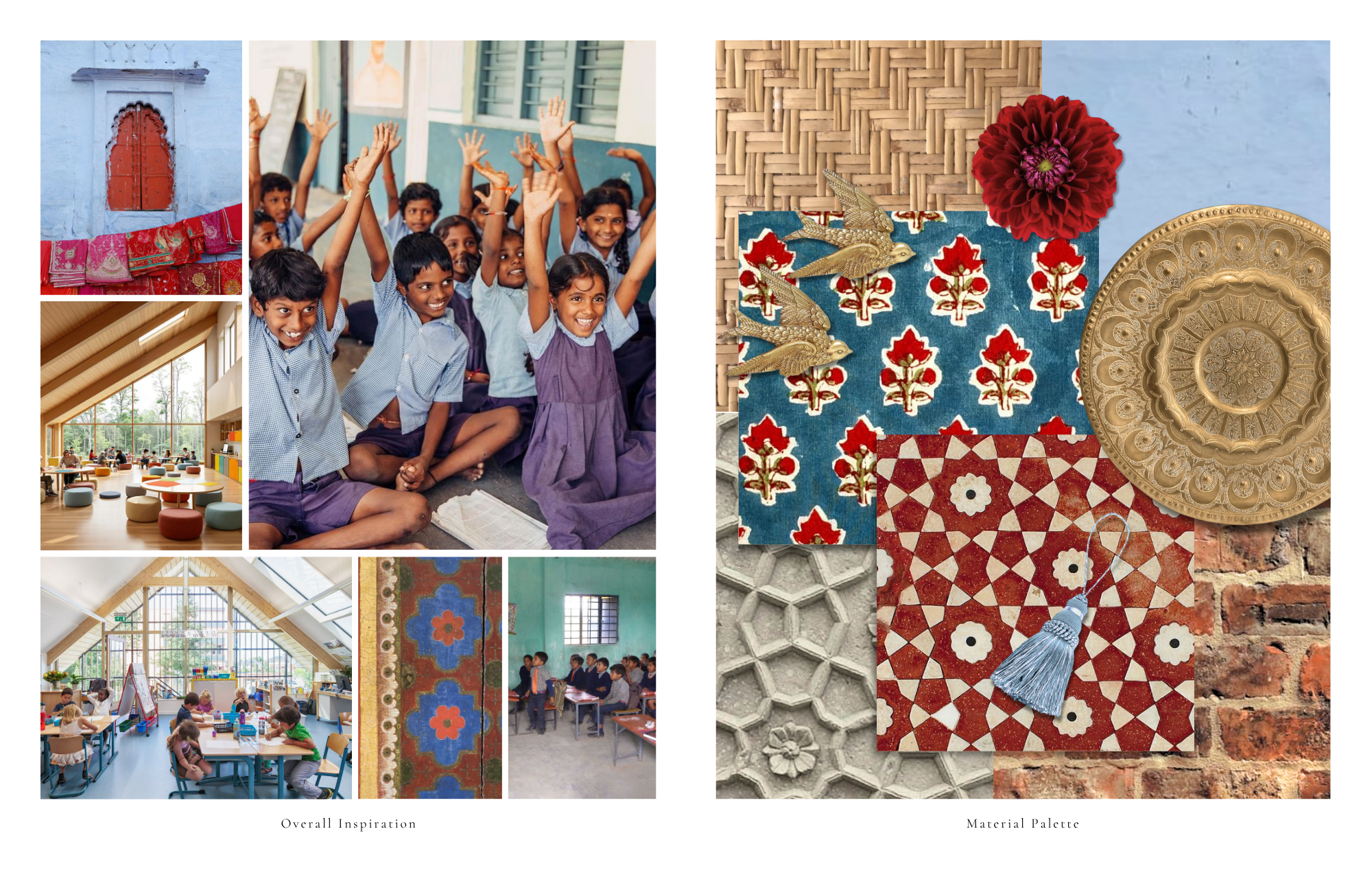Inspiration and material palette board featuring Indian classrooms, patterns, and textures
