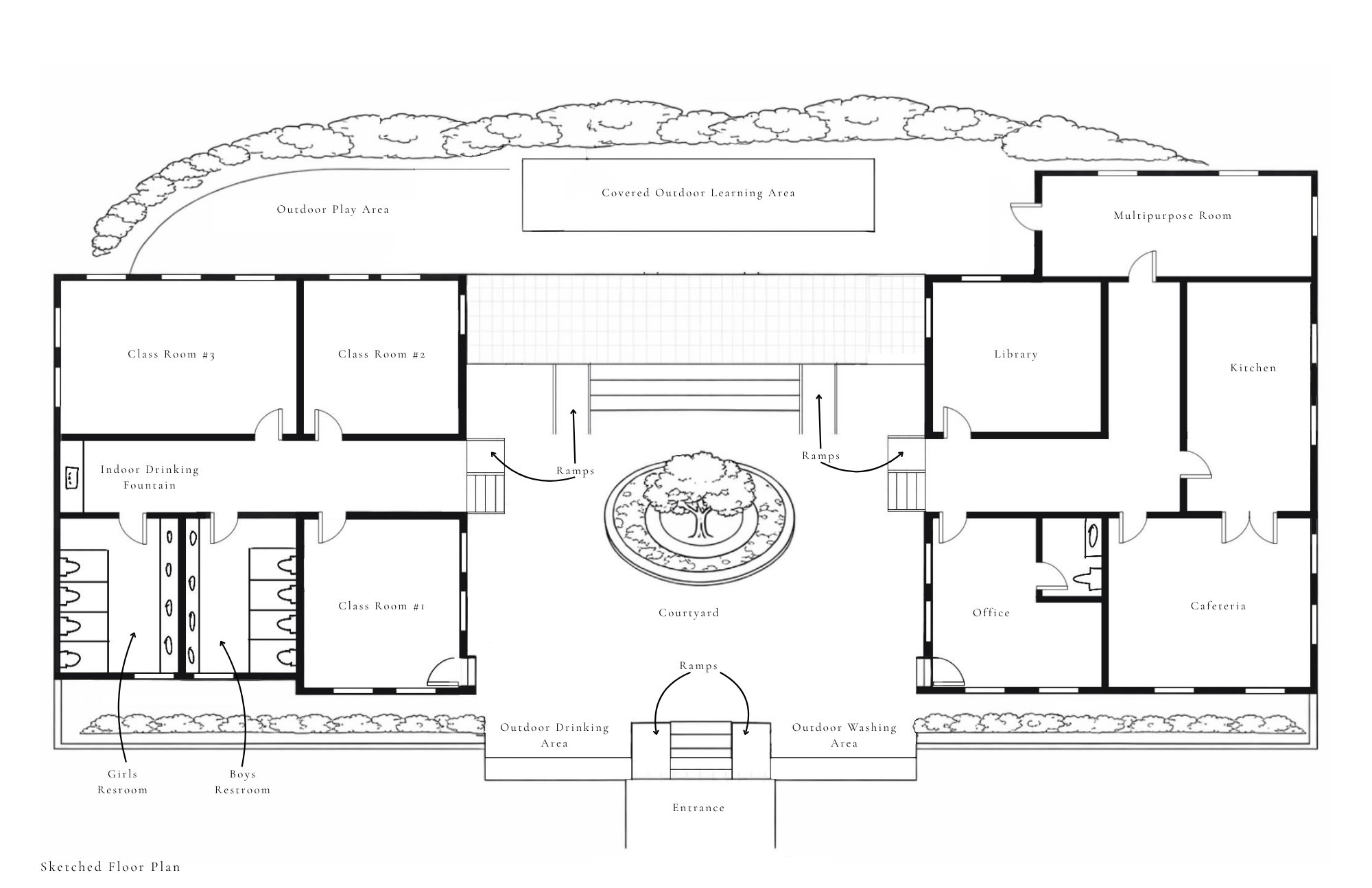 Sketched floor plan of Chitra School of Learning with central courtyard and classroom layout