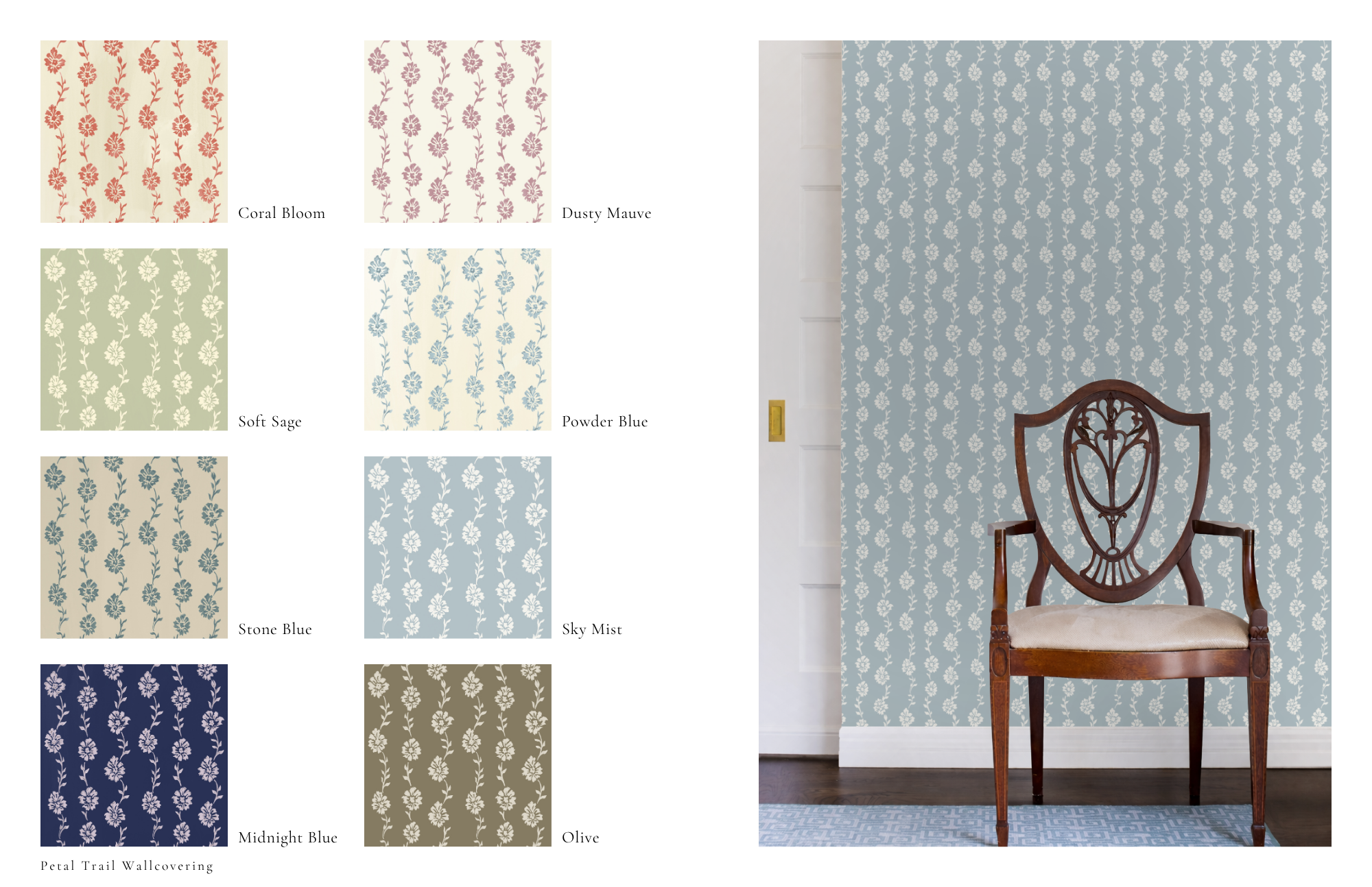 Wallcovering collection board with delicate floral trail pattern colorways and styled vignette