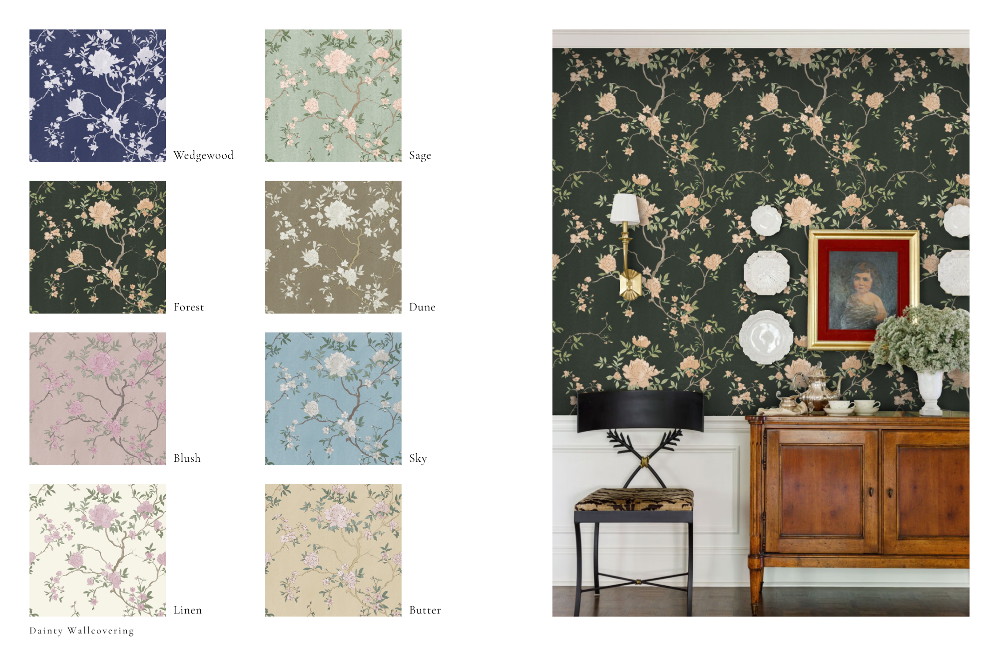 Wallcovering collection board showing floral pattern colorways and styled interior application