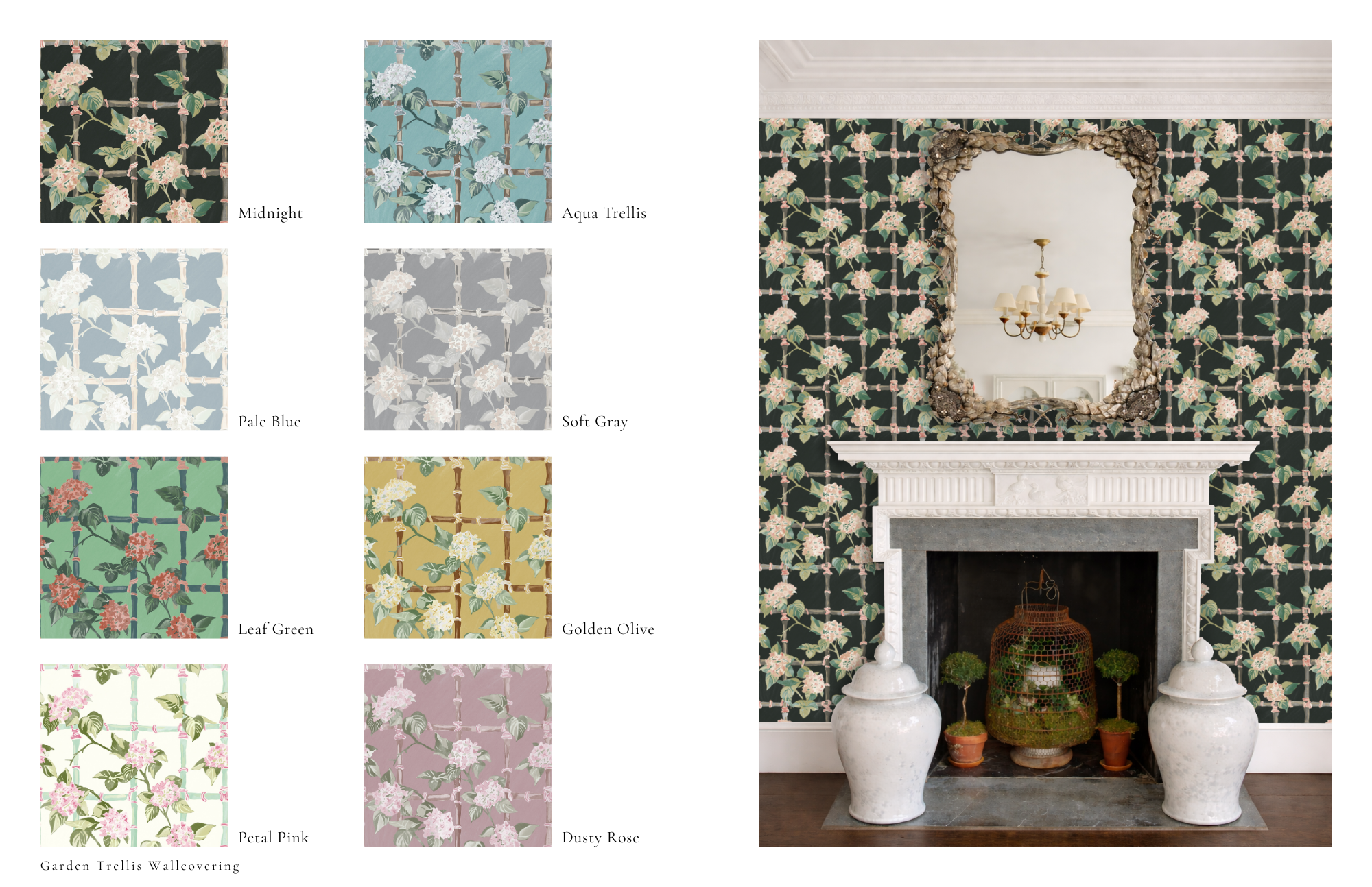 Wallcovering collection board with trellis floral pattern colorways and styled fireplace vignette