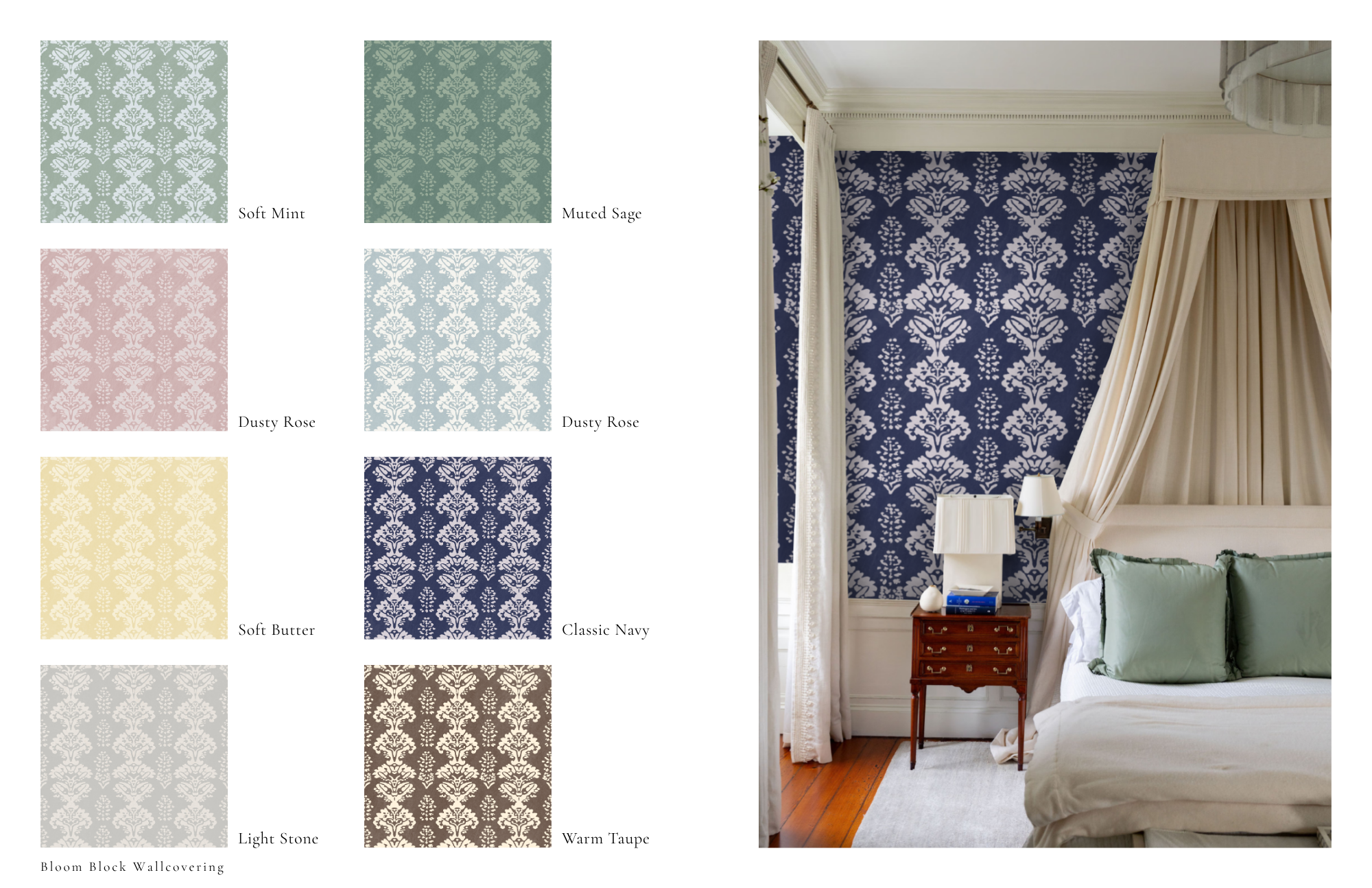 Wallcovering collection board with block print pattern colorways and bedroom application