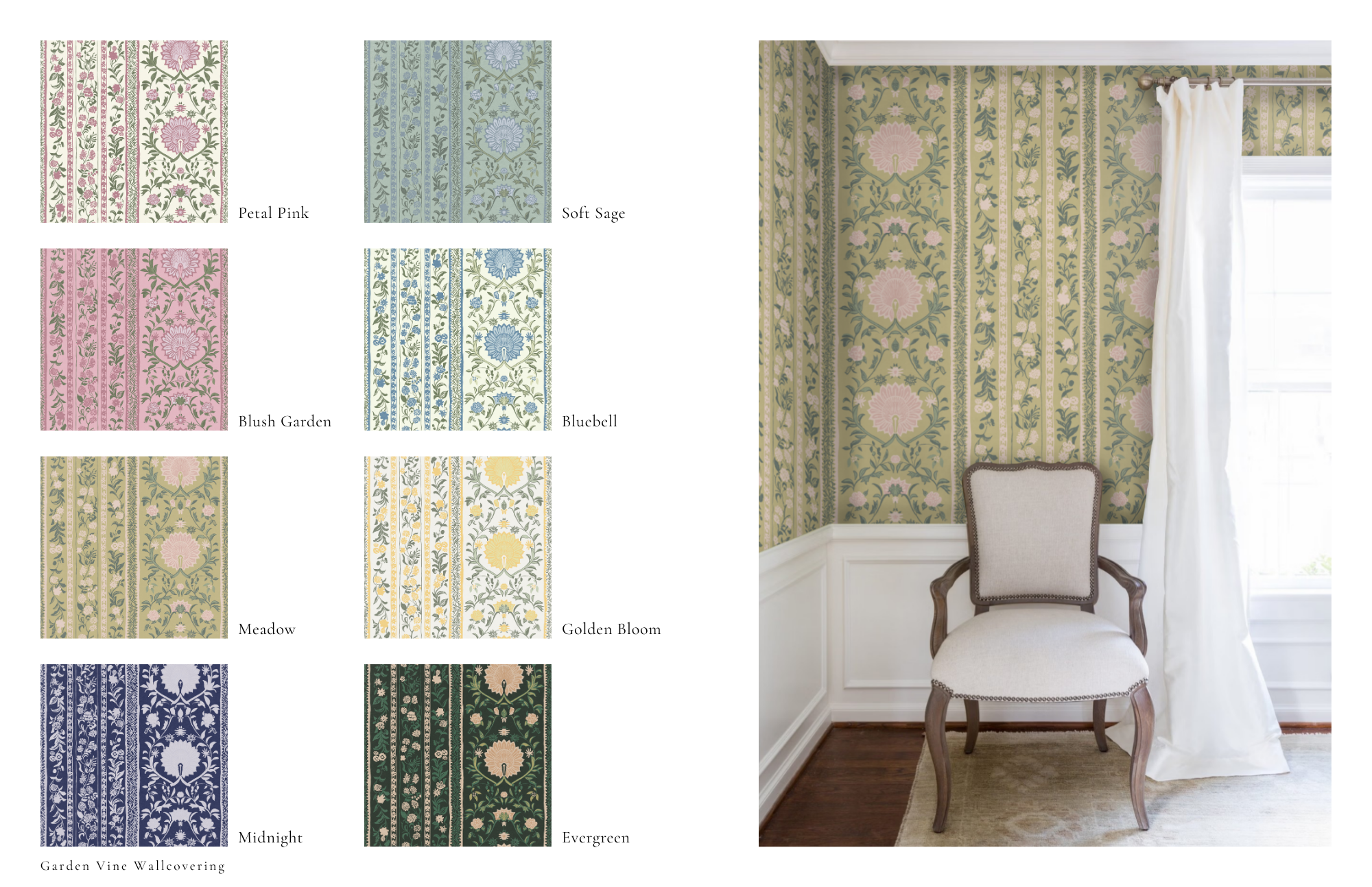 Wallcovering collection board with striped floral pattern colorways and interior vignette