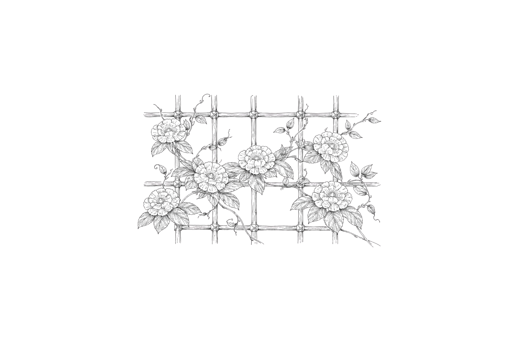 Hand-drawn floral trellis pattern with climbing vines and blossoms