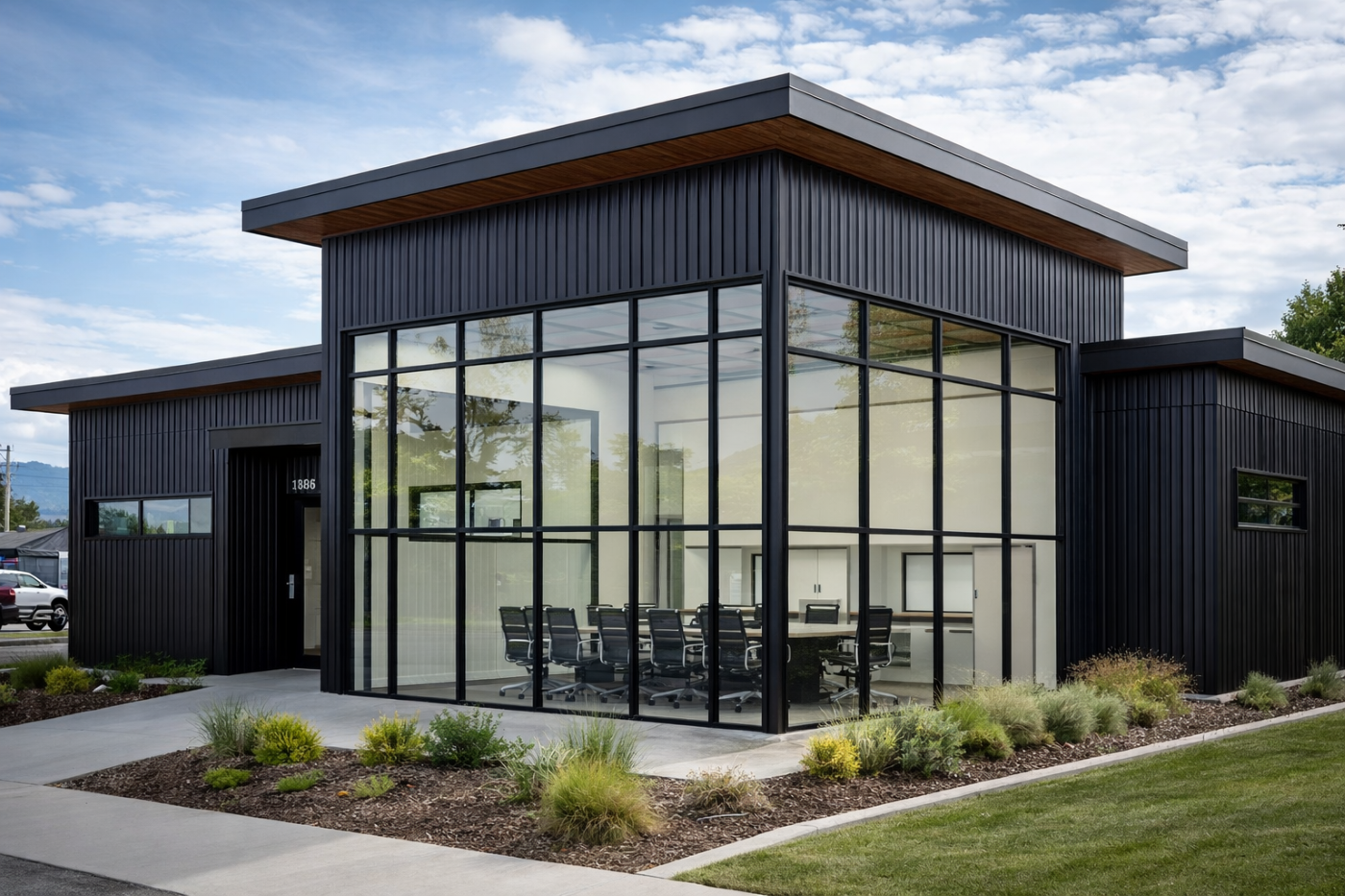 A modern office building with large windows in the front and an exterior clad in
black corrugated metal. Through the windows is a conference room with cabinetry along
one wall.