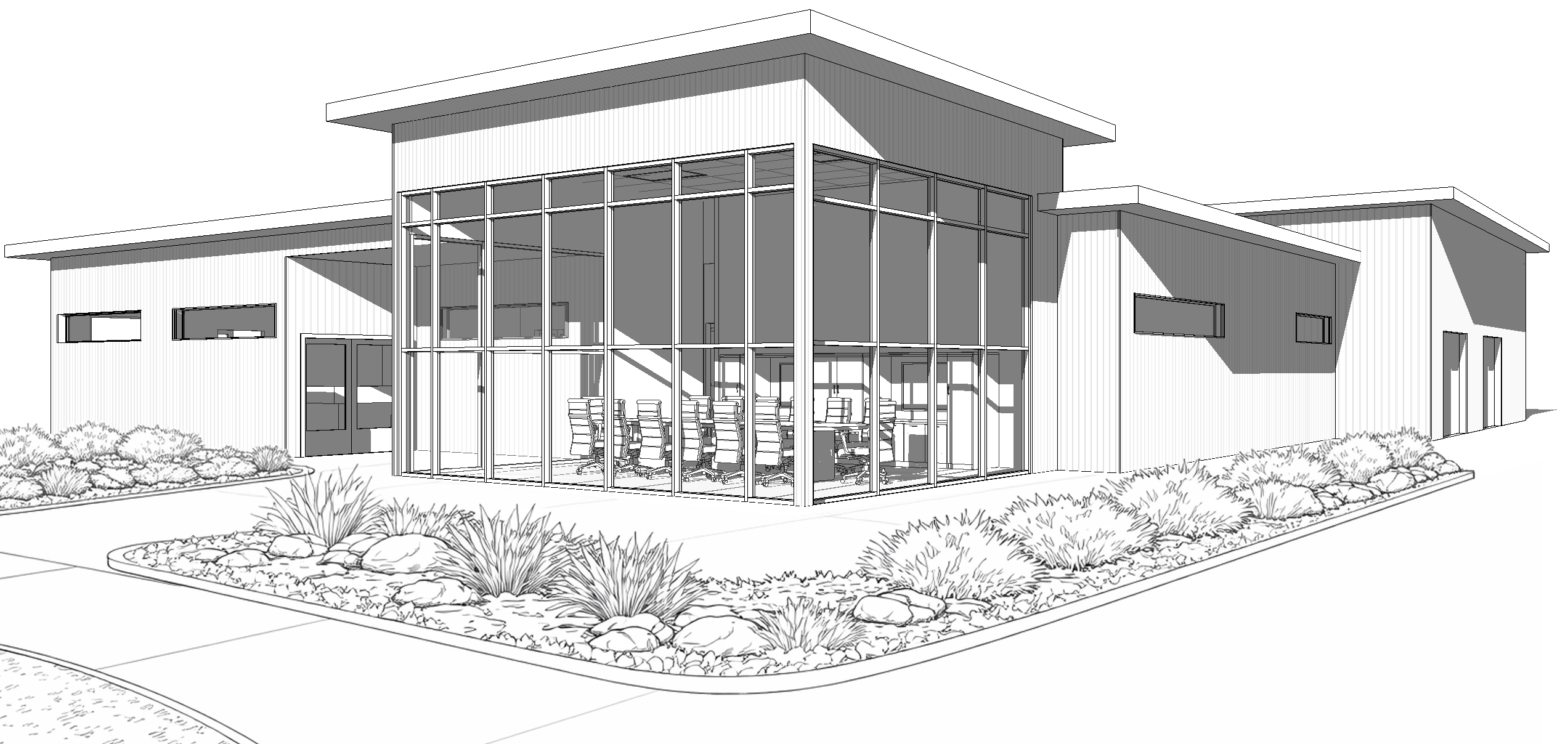 A black and white line drawing of a modern building with large windows and subtle
shadows, surrounded by landscaping.